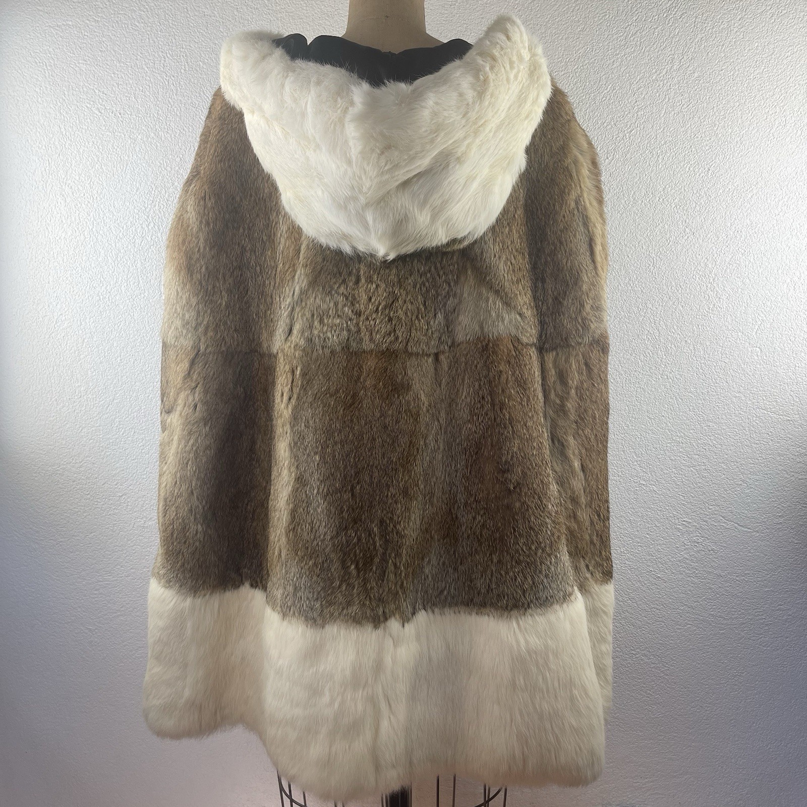Vintage l 60s Mod Hippie Festival Two-Tone Rabbit Fur Pocket Hooded Cape Poncho