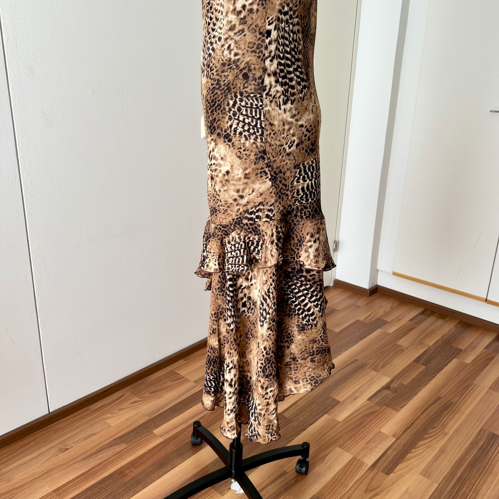 90s Leopard Print Midi Slip Dress Asymmetrical Hem Fairycore Bias Cut Slinky 44