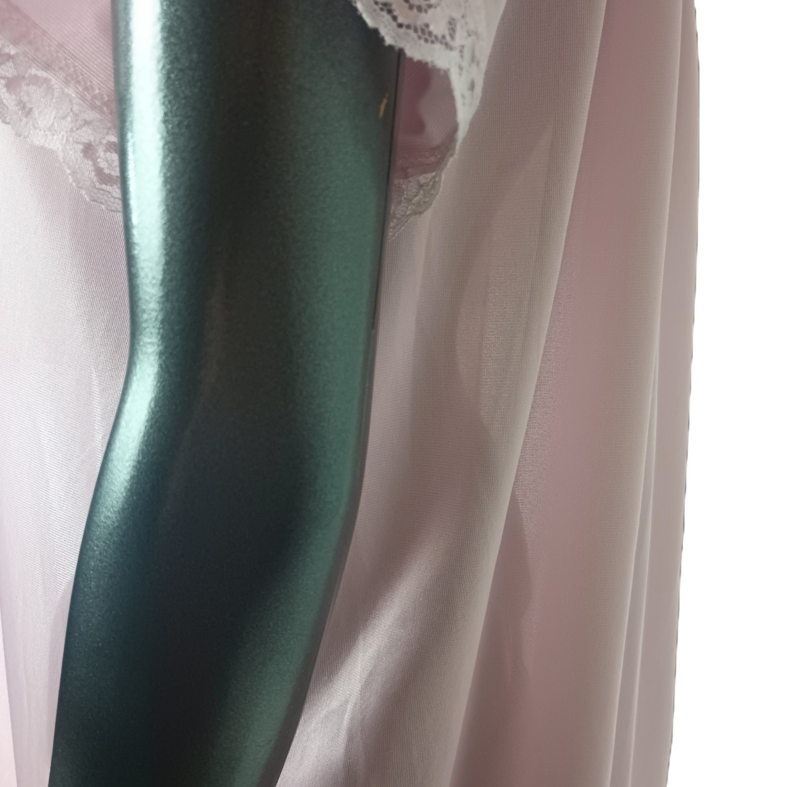 Vtg Sheer Pink Full Length Nighty With Rose Lace Trim Peasant/Baby Doll Size L
