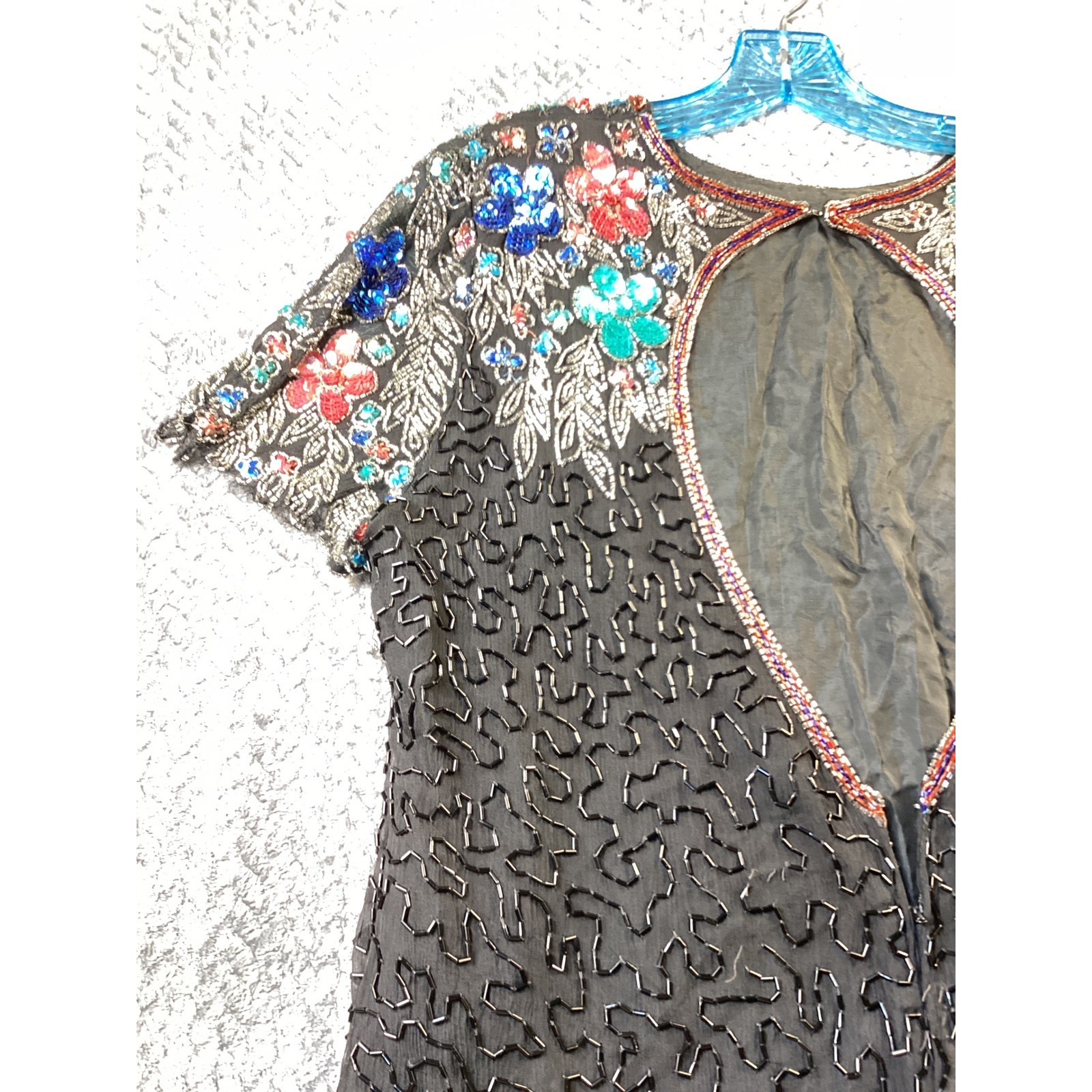 Swee Lo Vintage Beaded Silk Dress Black Floral Sequined Keyhole Evening Gown