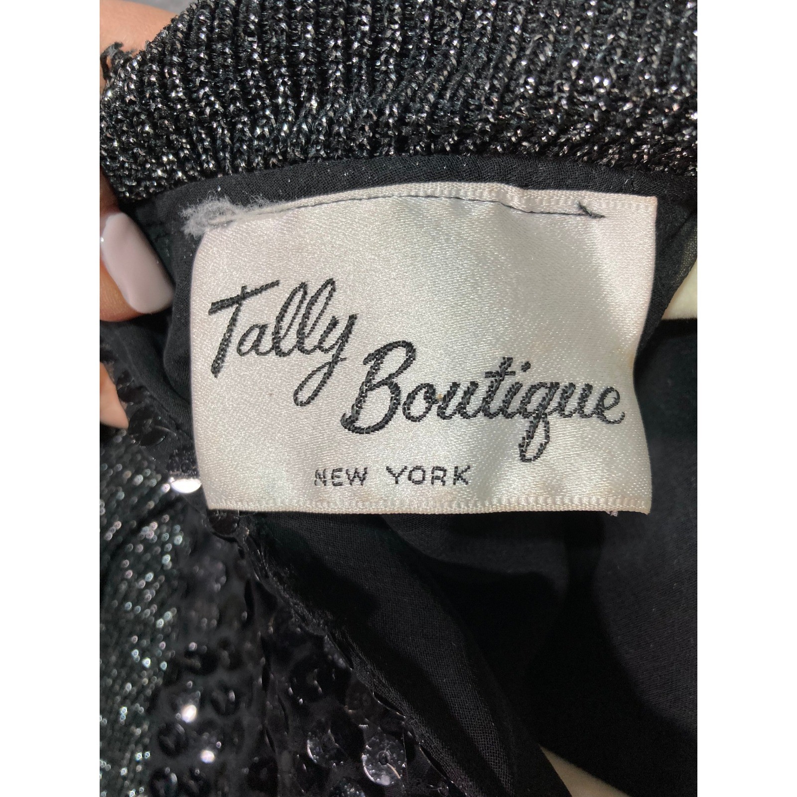Vintage Tally Boutique 80s Asymmetric Sequin Metallic Blouse Black Silver 8