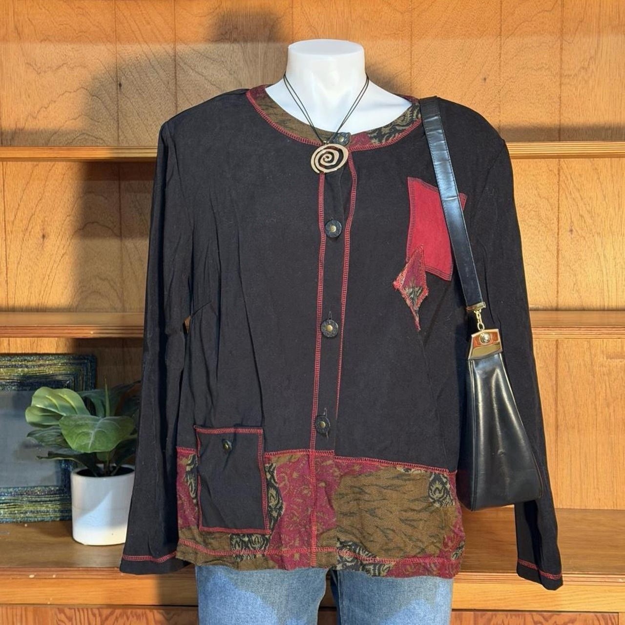 Vintage 90’s C.M. Shapes Patchwork Boho Jacket Top Women’s Artsy Button Front