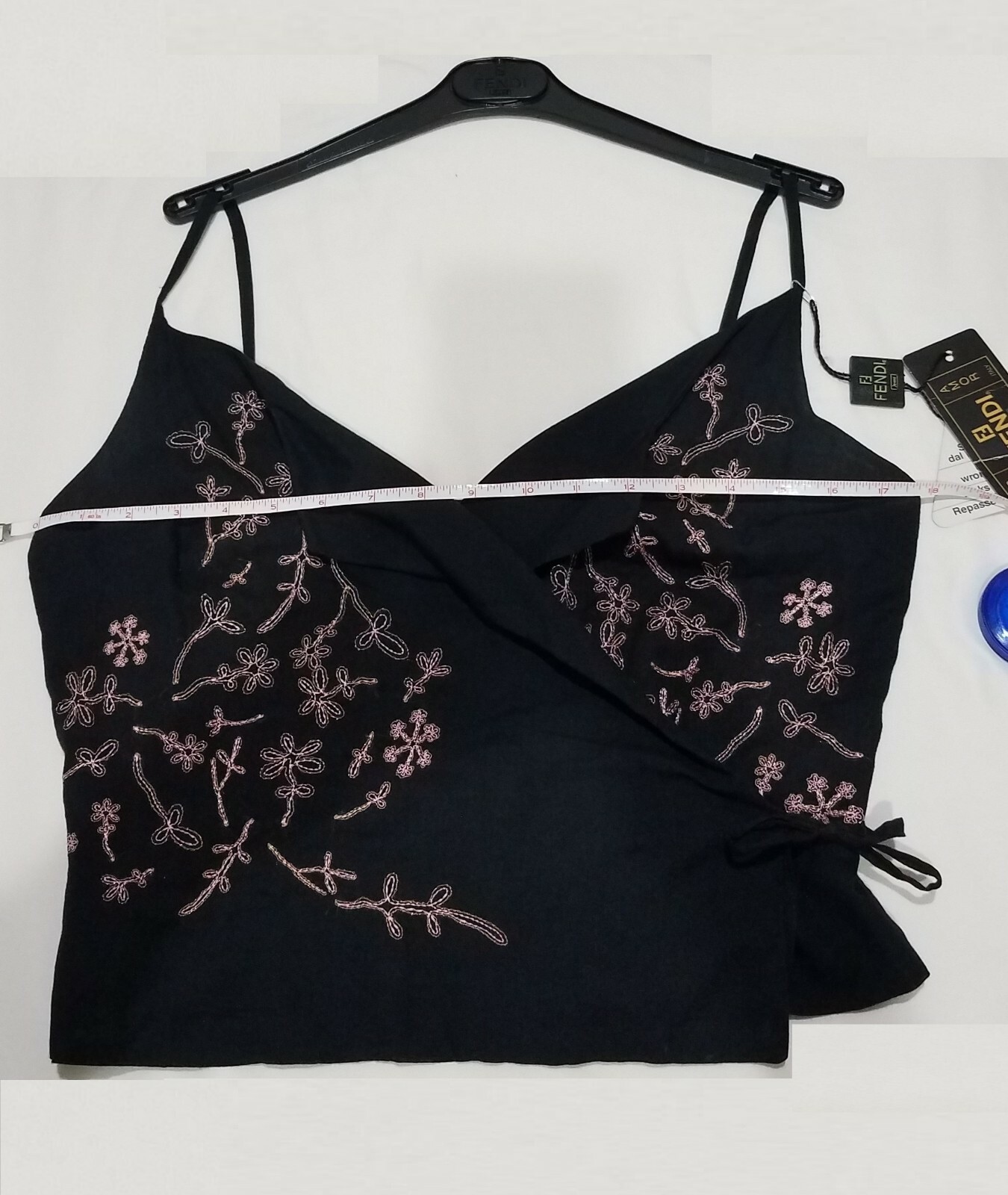 VINTAGE WOMENS FENDI BLACK & PINK EMBROIDERED WRAP TANK TOP SIZE 44 ITALY
