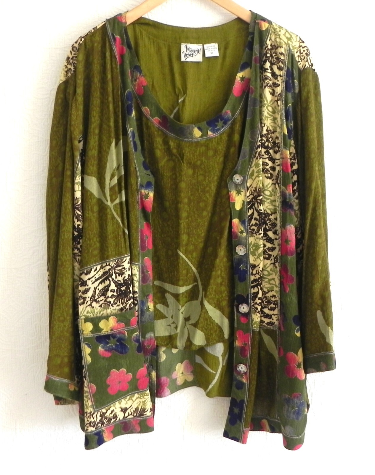 Midnight Velvet 3PC Long Sleeve Duster/Sleeveless Top/Midi Skirt Batik Size 1X