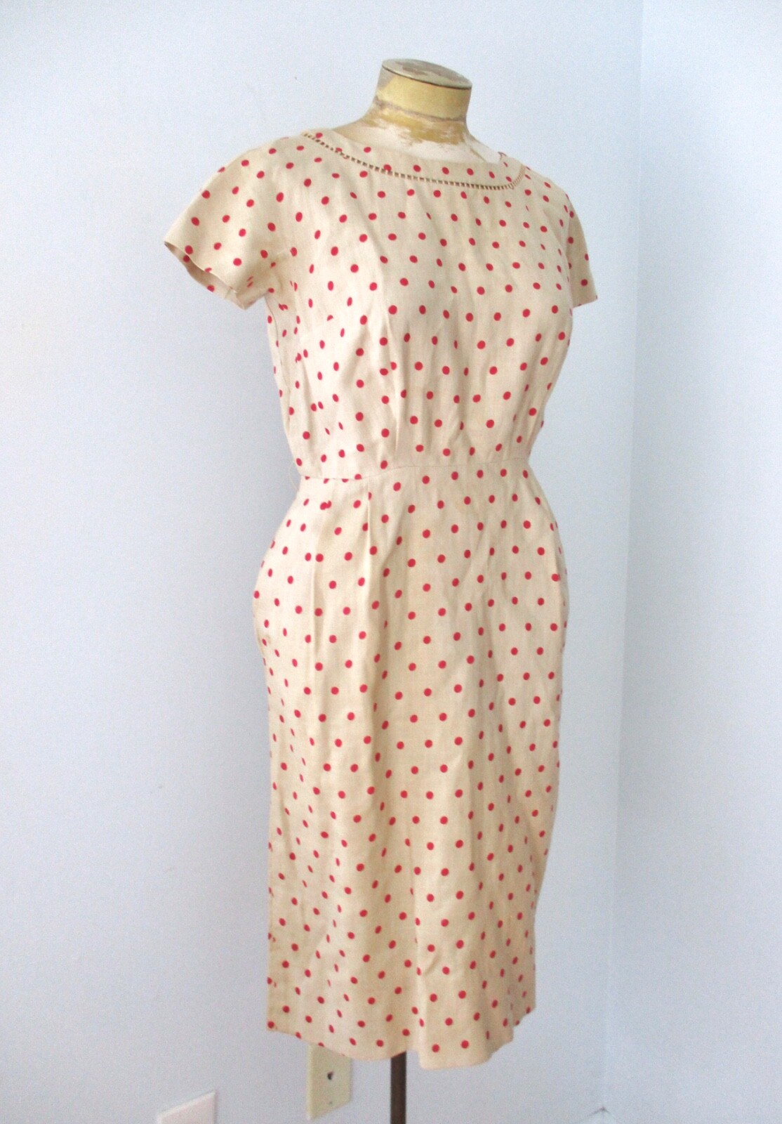 Vtg 50s 60s tan brown red polka dot 2-pc secretary dress cropped jacket suit M