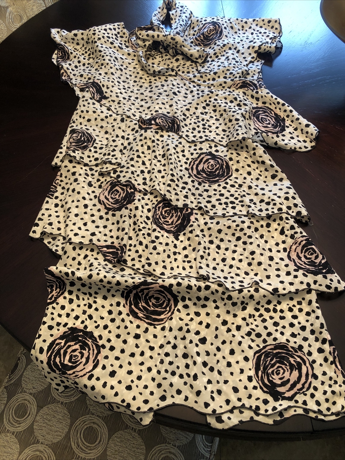 Holly Harp vintage 80s tiered floral & polk dot dress with pussy bow neck sash S