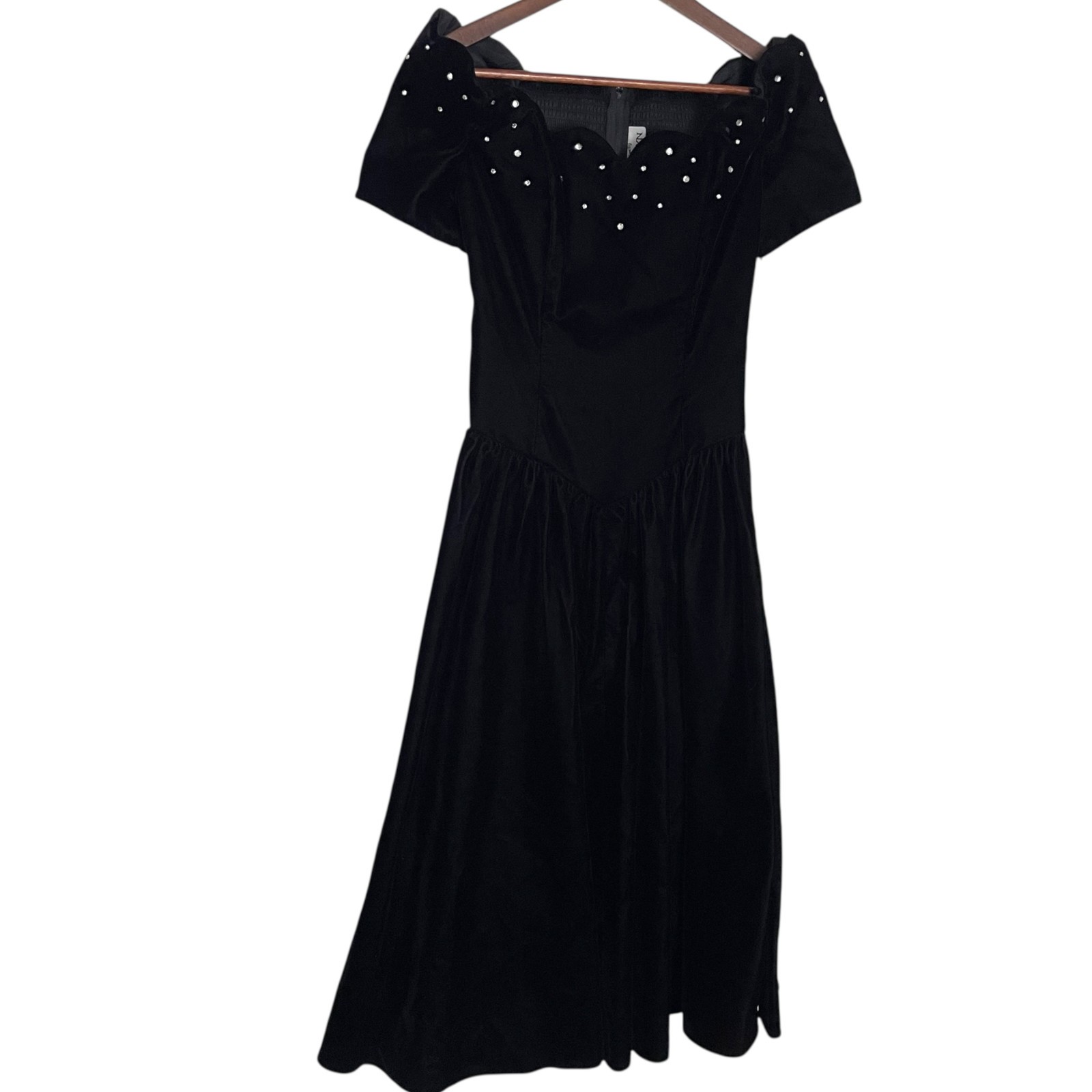 Vtg 80s Velvet A Line Midi Dress Gown 6 Black Rhinestone Trim Off The Shoulder