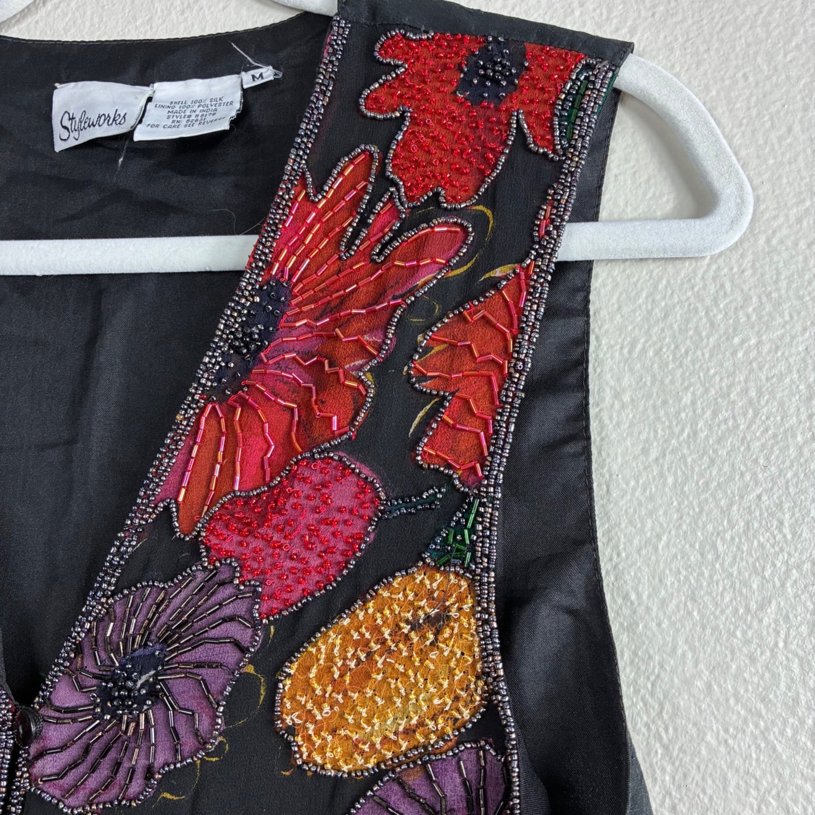 VTG 80s/90s Styleworks Silk Beaded Floral Vest M Black Boho Maximalist Artsy
