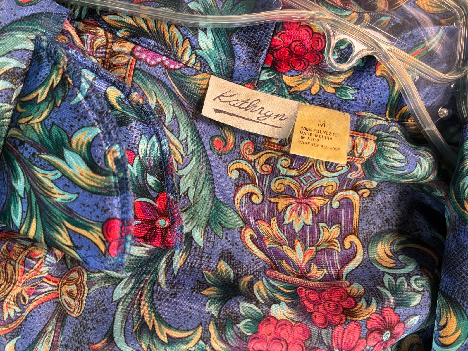 Vintage MARINE BLUE Long WRAP ROBE Medium VICTORIAN FLORAL Dressing Gown Kathryn