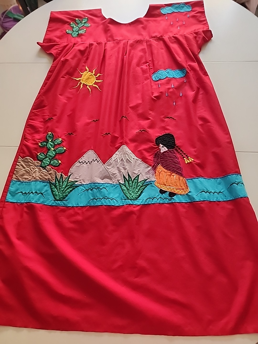 Vtg Patio House Dress Cottagecore Sz XL Red Southwest Native Art To Wear Cotton