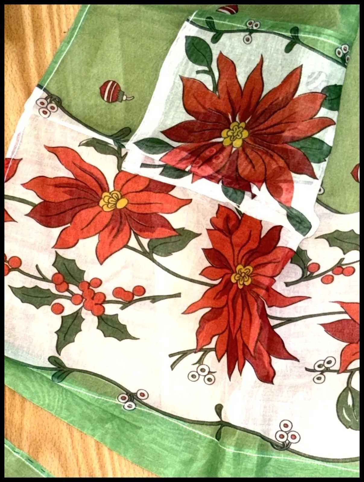 Darling Vintage 1950s Organdy Christmas Apron w Poinsettias Berries Ornaments !