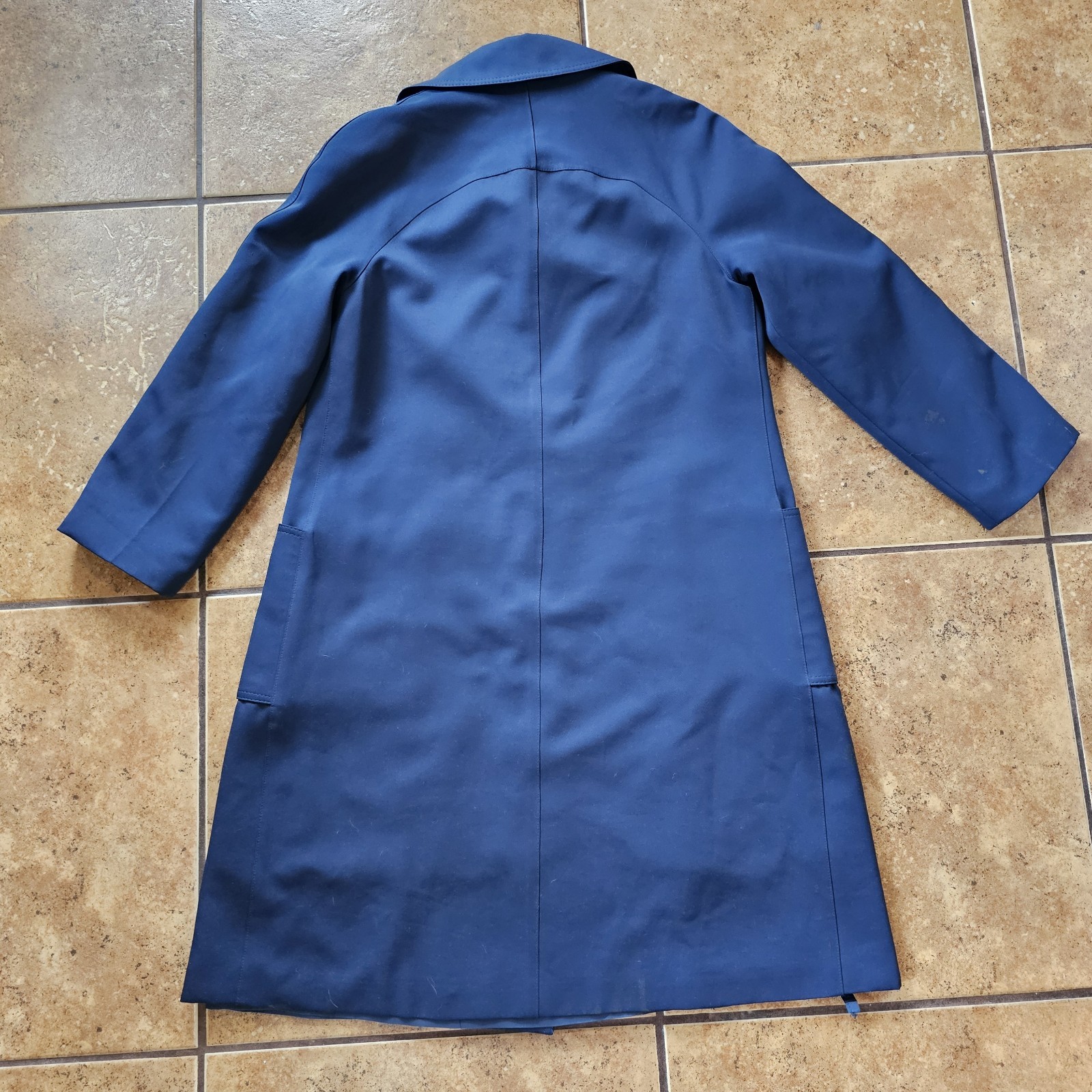 Vintage 70s Trench Coat Plaid Liner Dark Blue Mod Woven Polyester Jacket Classic