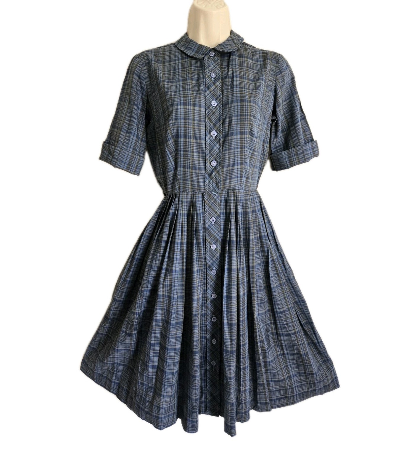 Vtg 50s COS COB Plaid Poly/Cotton Shirtwaist Dress Full Pleated Skirt 24″ Waist