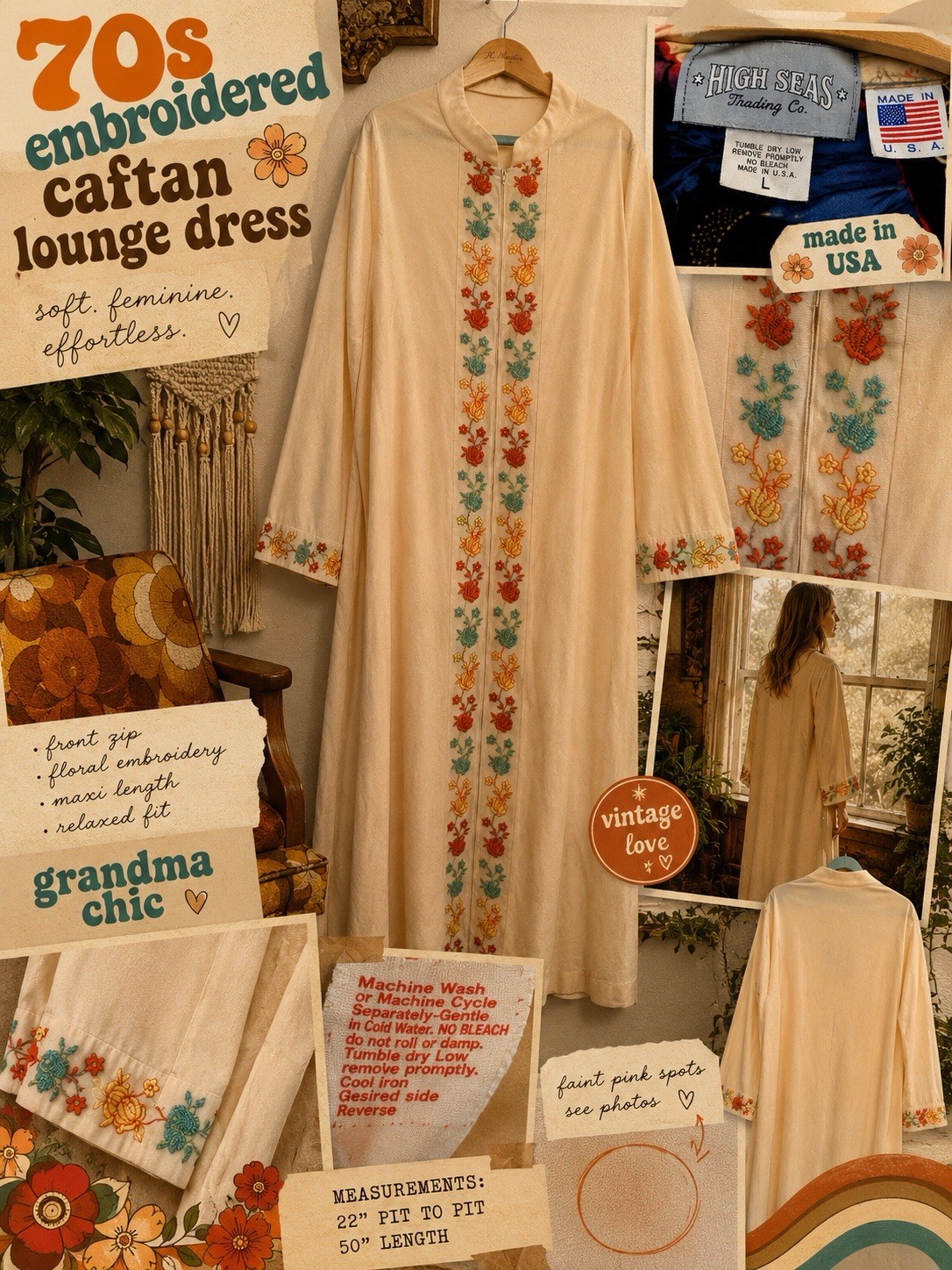 VTG 70s Embroidered Caftan Lounge Dress Grandma Chic Cottagecore Maxi