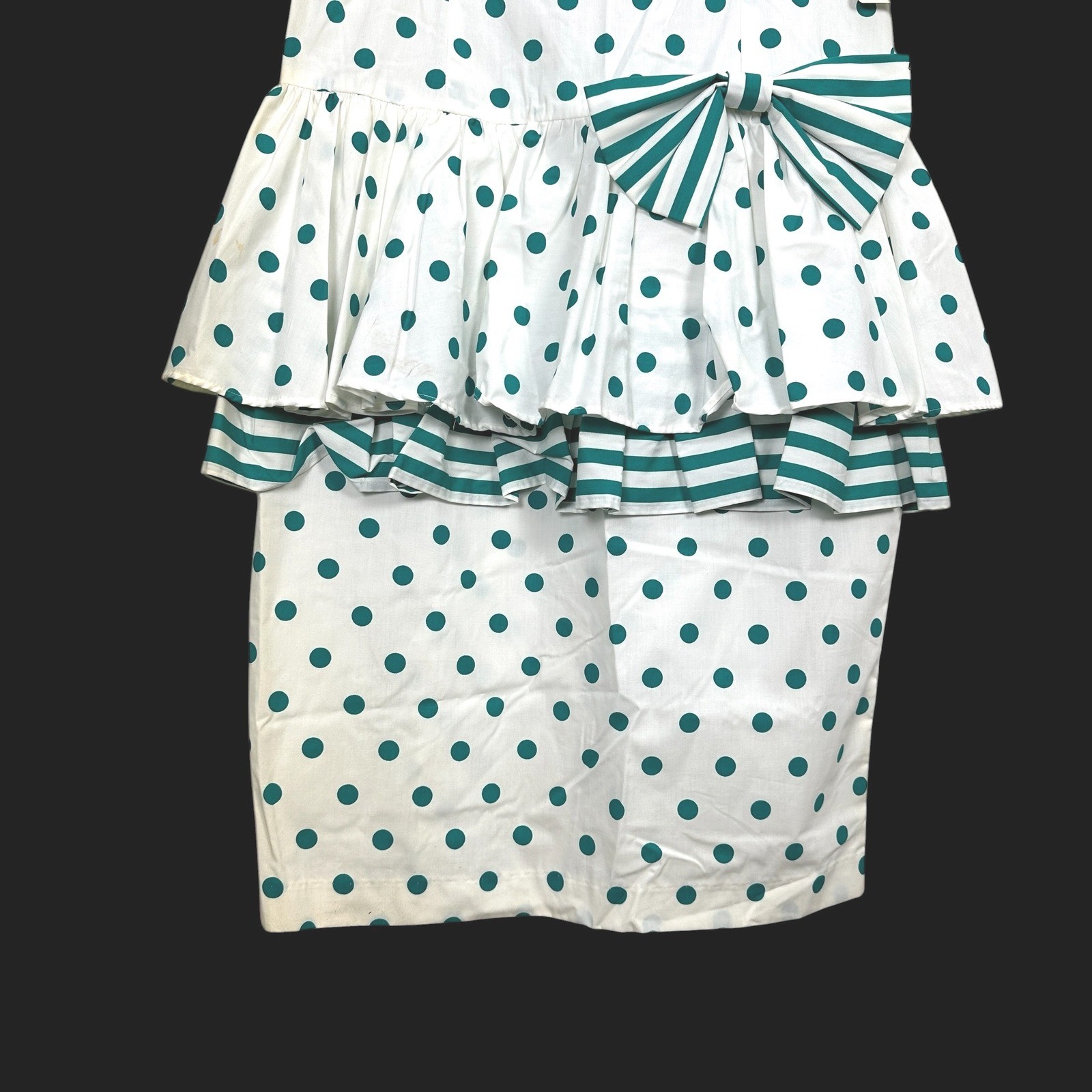 Sunshine Starshine Vintage 80s Polka Dot Peplum Dress Teal White Bow Size 14 NWT