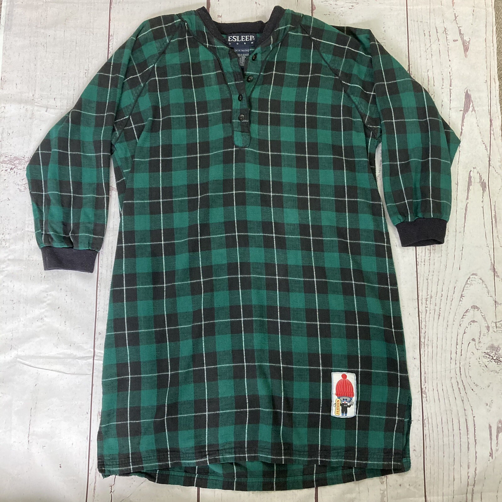 Vintage 90s Esleep Green Plaid Night Shirt Gown One Size Flannel Pjs Jammies 25”