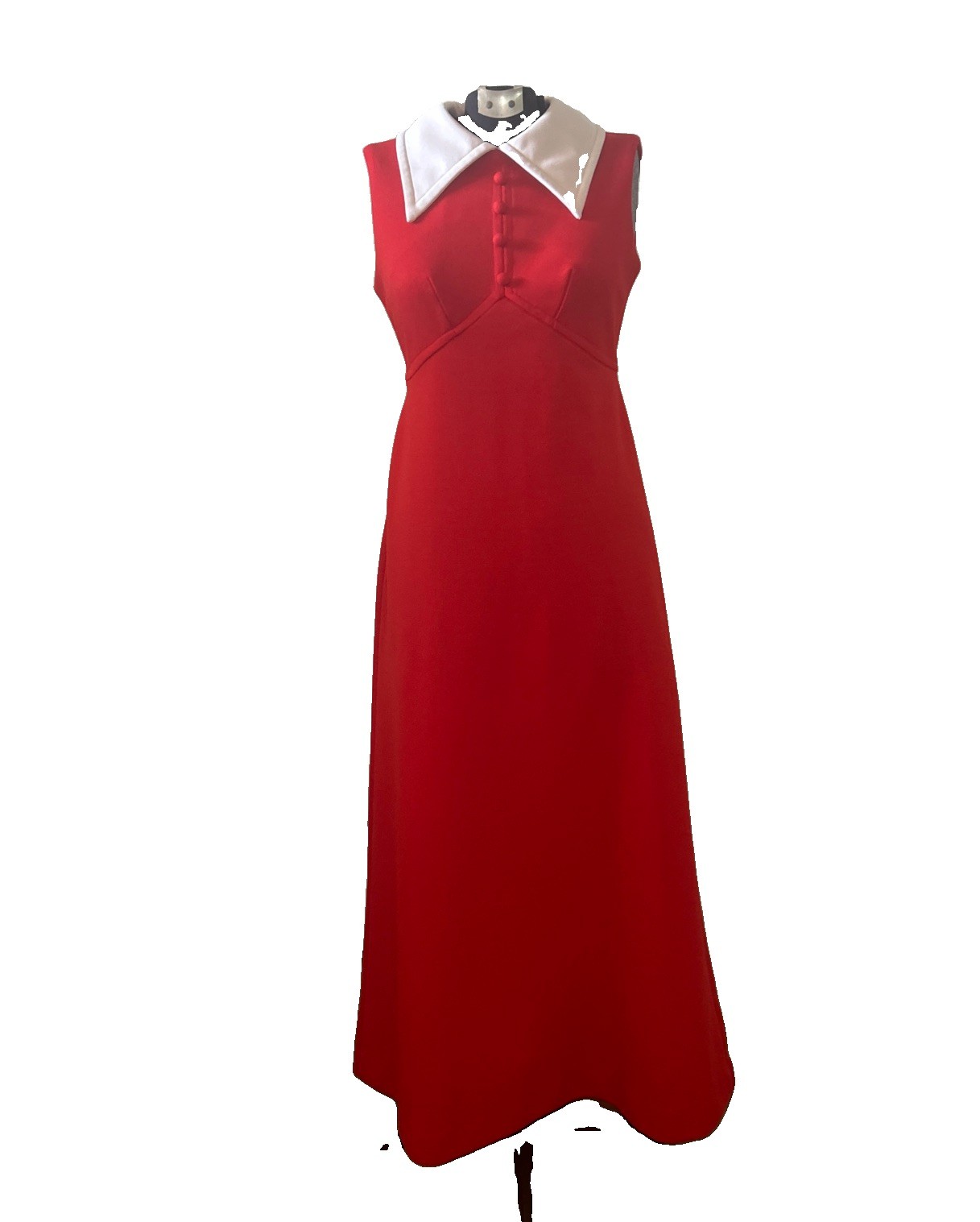 Vintage 1970’s Vicky Petite Empire Waist Polyester Red Maxi Dress White Collar