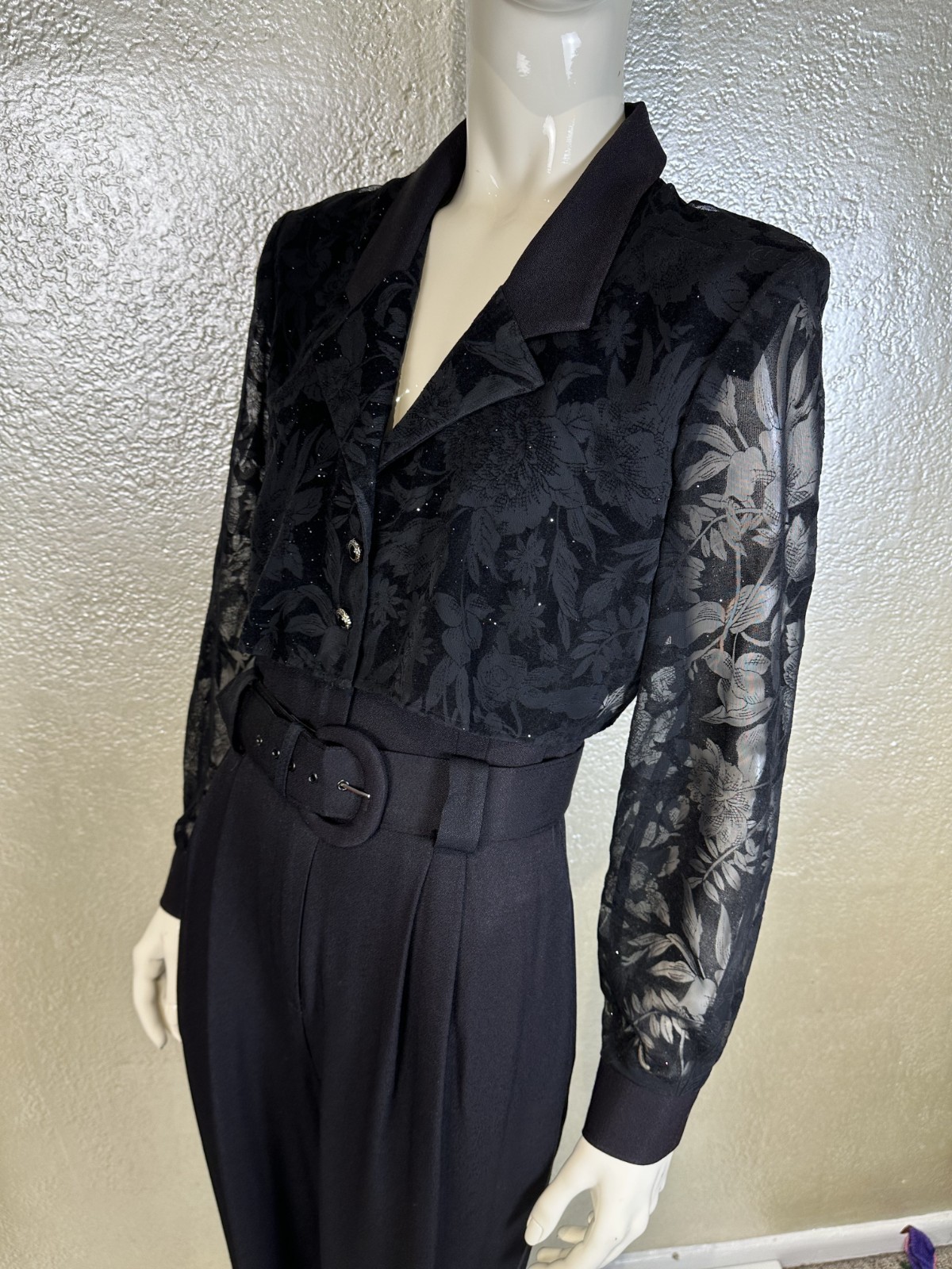 Vintage 1990s Ladies MENU Black Jumpsuit Sheer Sparkle Belted Goth S/M