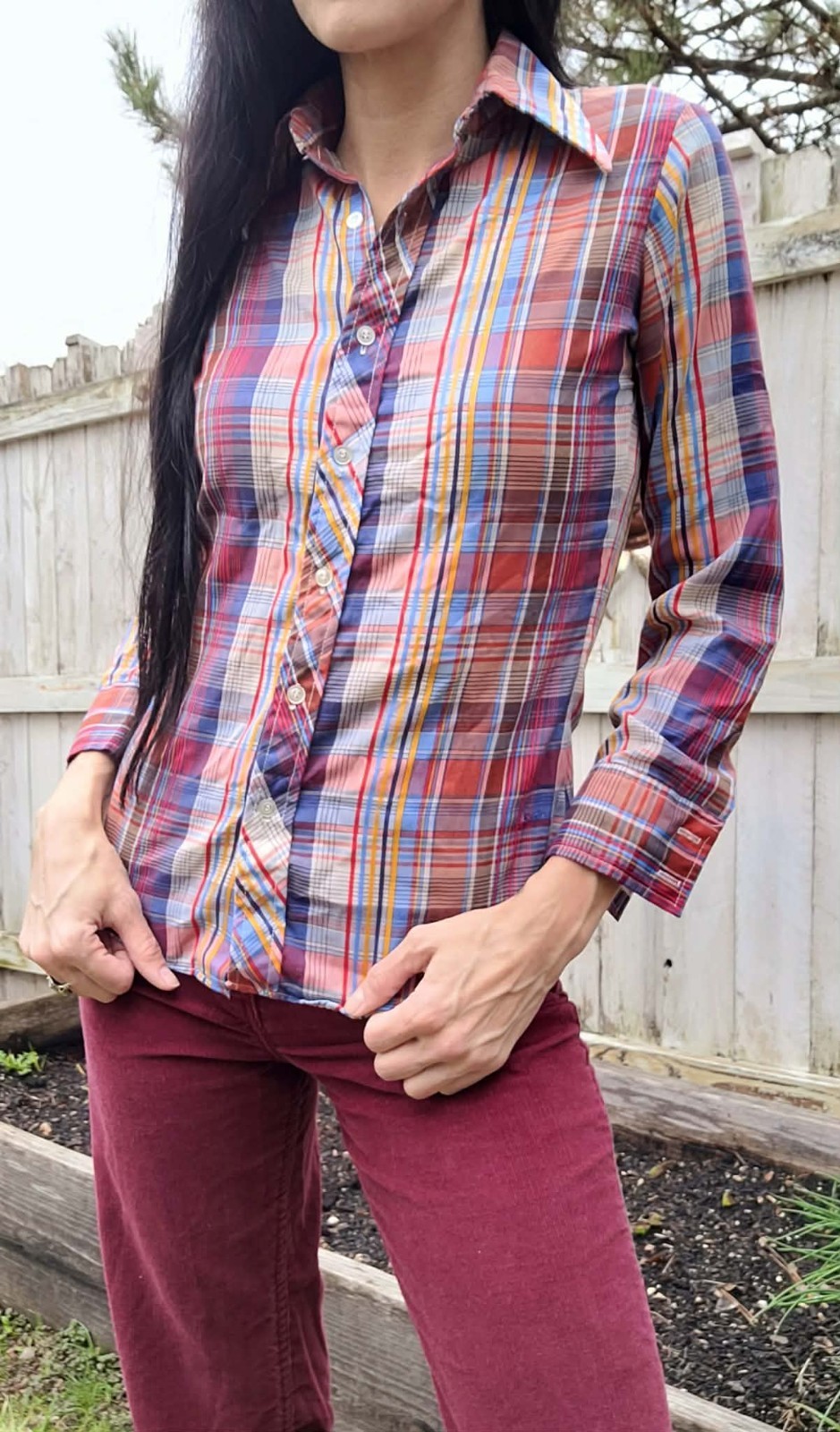 Vintage 70s Blue Red Plaid Button Down Collared Blouse Shirt by Stitches Sz S