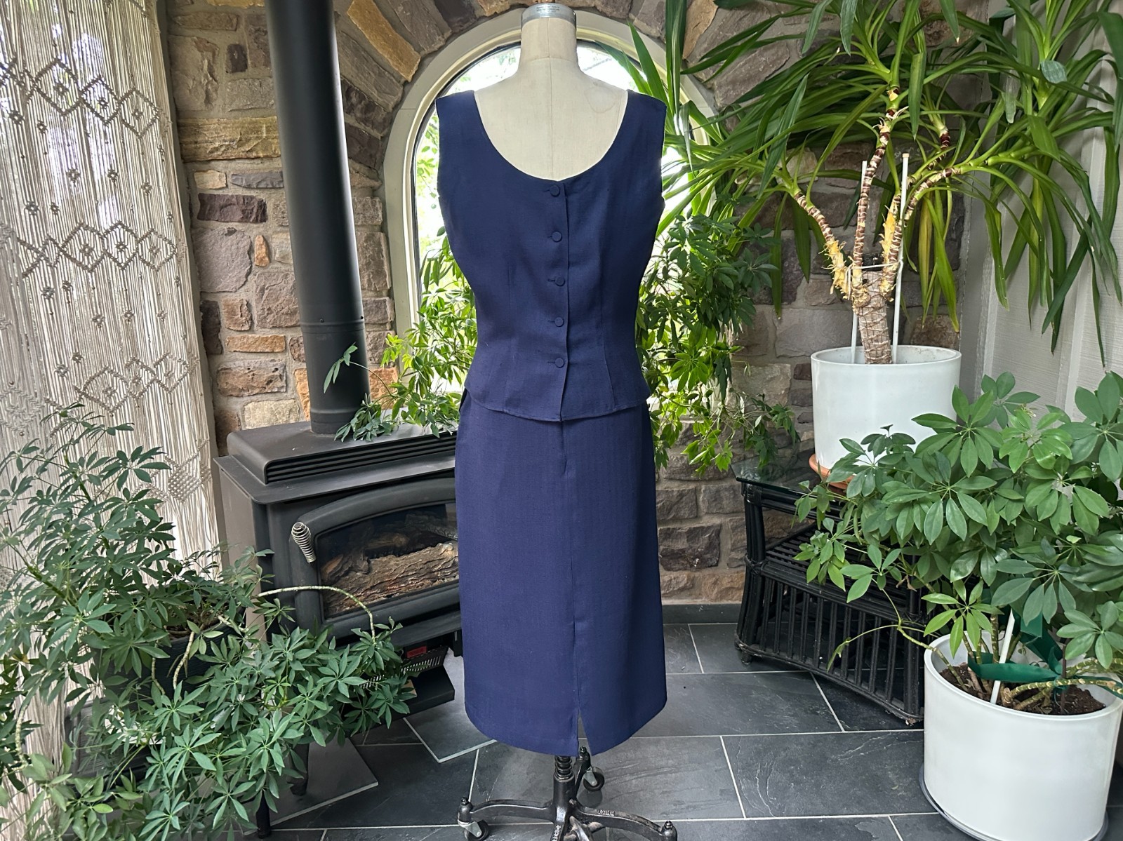 Vintage 1950s Nelly de Grab Navy Blue Textured Linen Look Rayon Skirt Suit Set