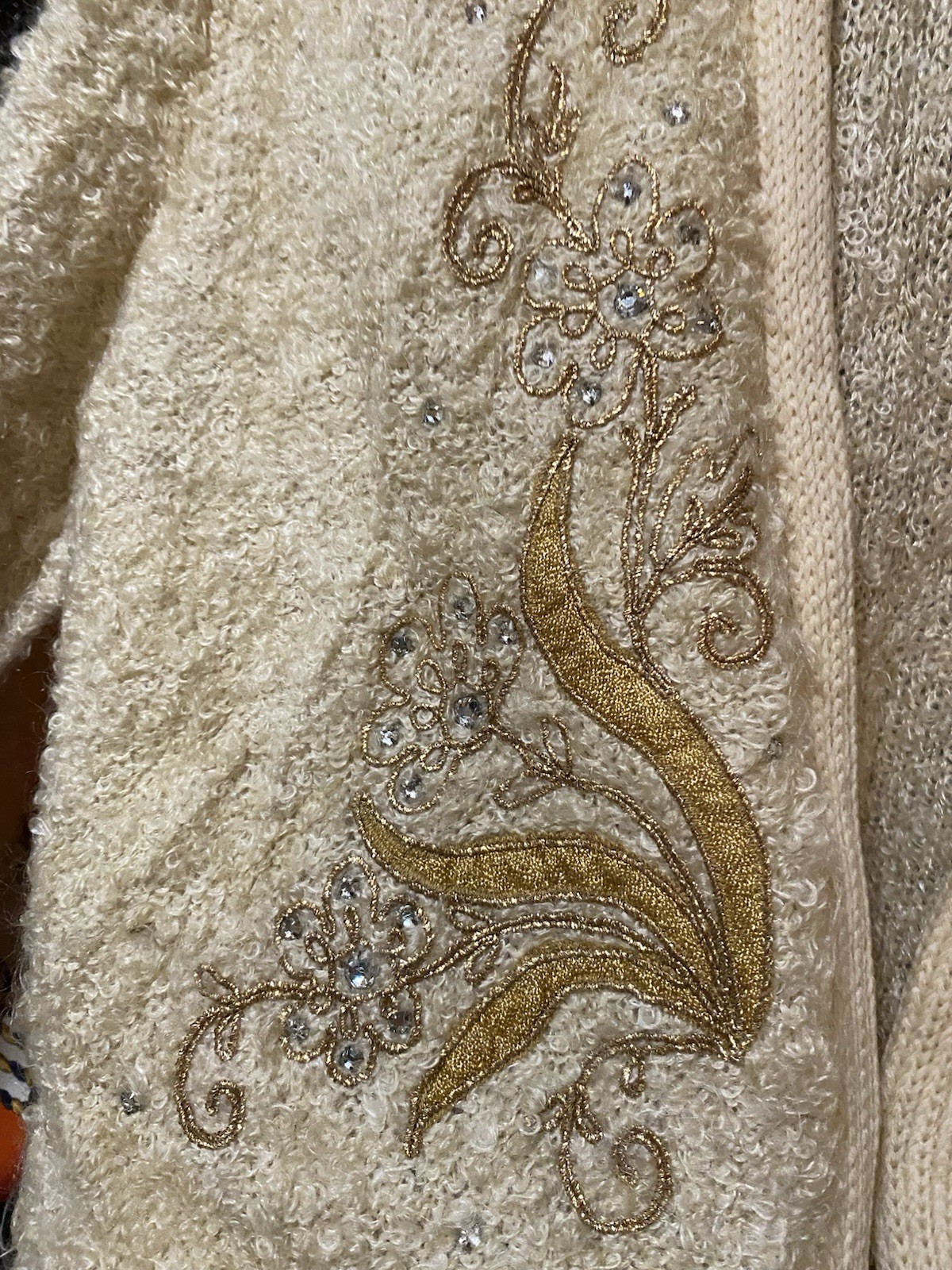 Vtg 50s Glam Original By HEDY Cream Pearl Cardigan Sweater Curly Wool Small