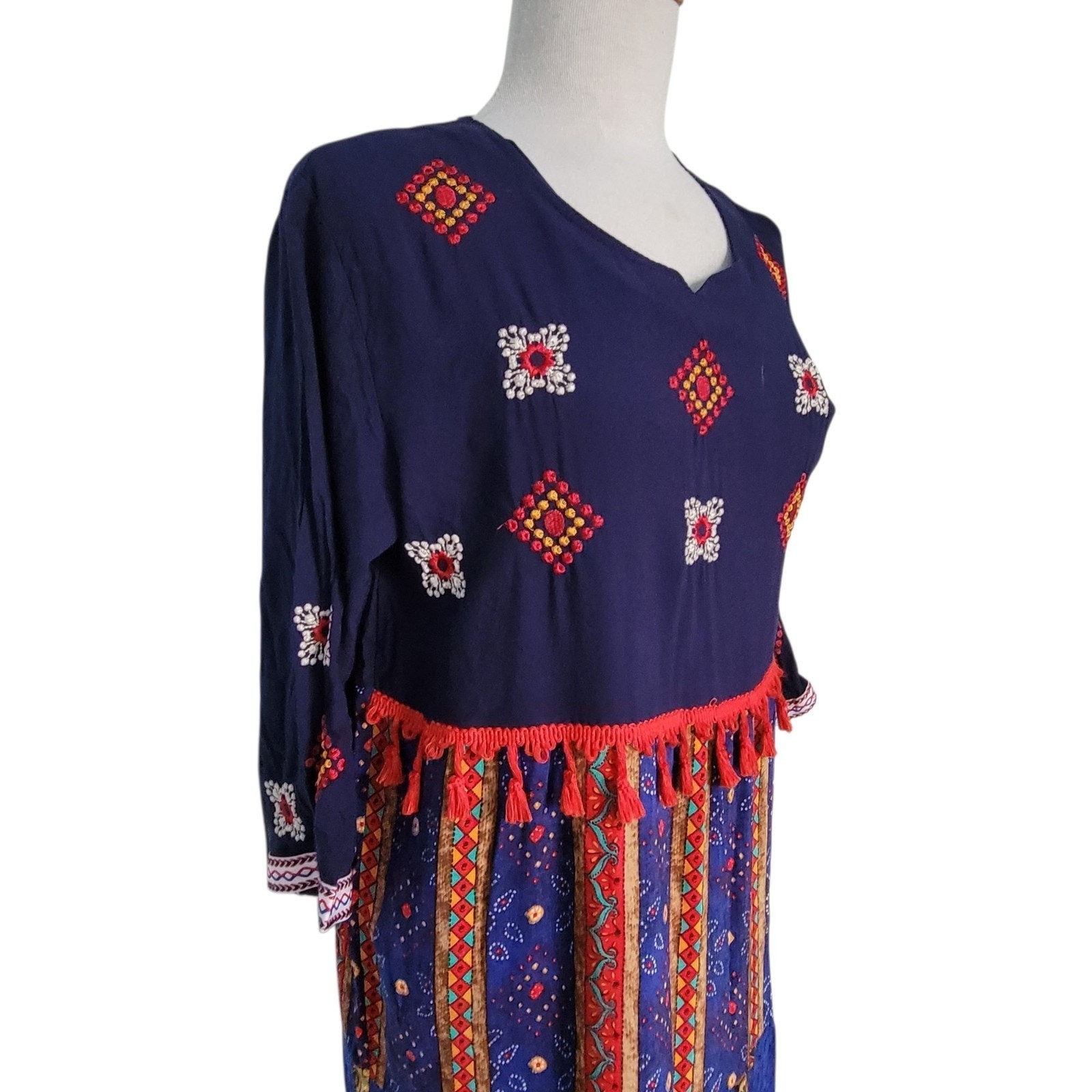 Maxi rayon INDIE Dress 70s Blue & Multicolor Boho Hippie Festival LG