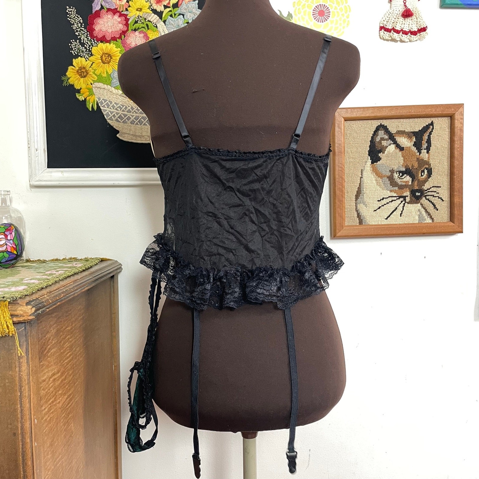 Vintage Green Velvet Teddy w Black Lace Trim, 1970s Corset Style Top w Panty, M