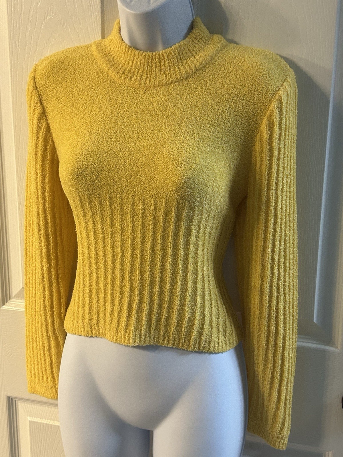 Vintage 60s Mod Wool Knit Mock Neck Sweater Yellow Medium Retro Gogo London