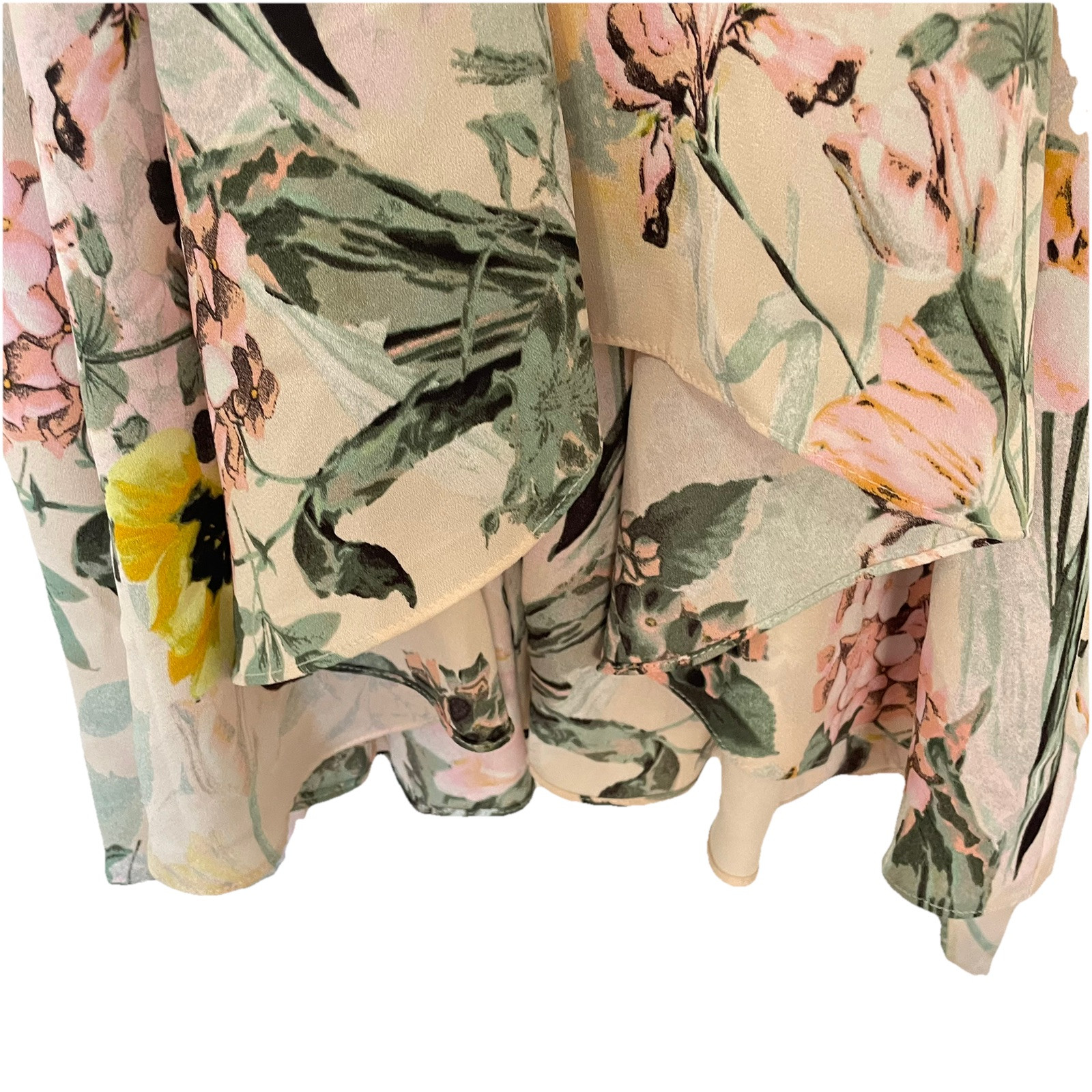 DN Design Dress 14 Ruffle V Neck 90s Floral Blush Hi Low Cottage Garden Feminine