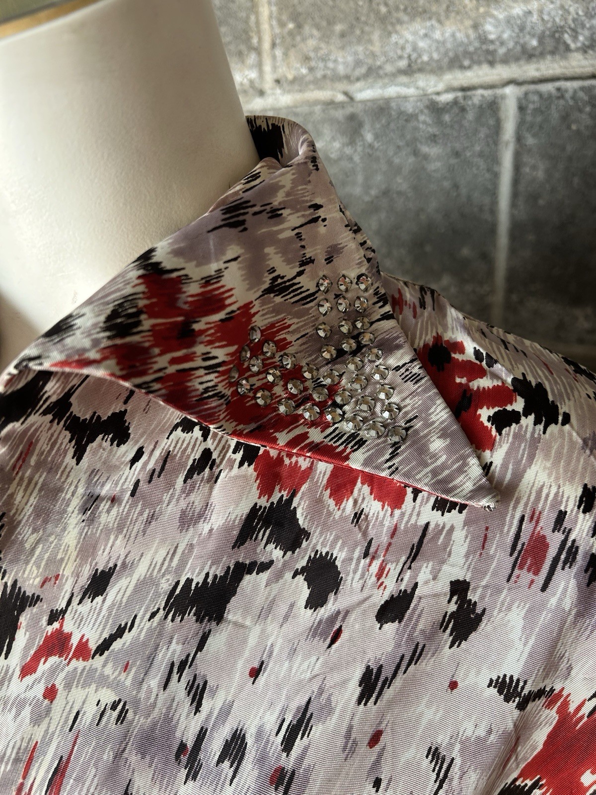 vtg 40s 50s abstract floral taffeta acetate cocktail collared Dress Rhinestones