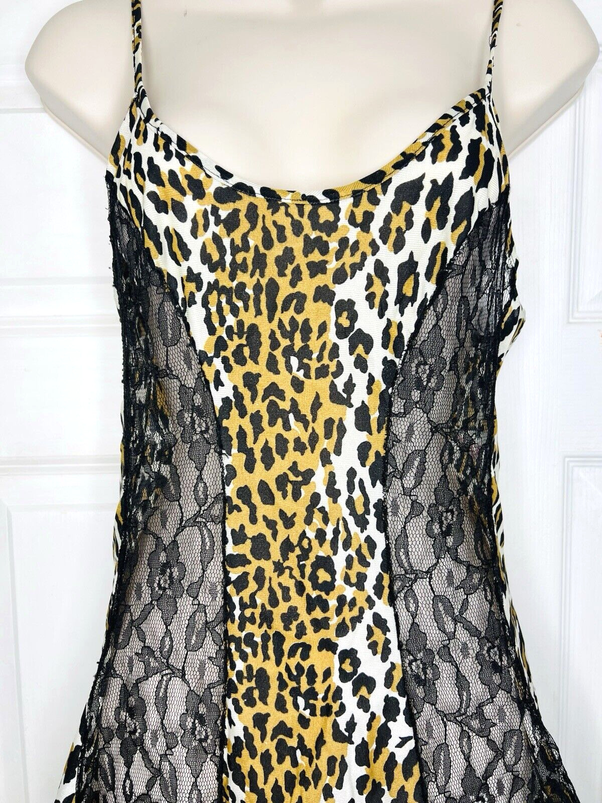 Vtg SEXY Leopard & Black Semi Sheer Lace Panels SMALL Long Negligee Nightgown
