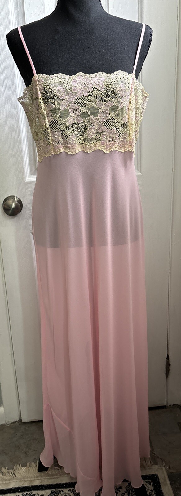 Vntg SLIP DRESS LINGERIE Pink CHIFFON Yellow LACE NIGHT GOWN VICTORIAS SECRET