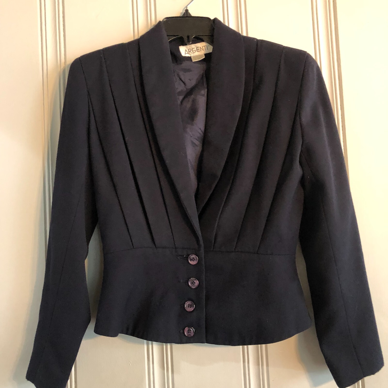 90’s Corporate Chic Navy Blue Women’s ARGENTI Blazer Jacket Fitted Cropped 6