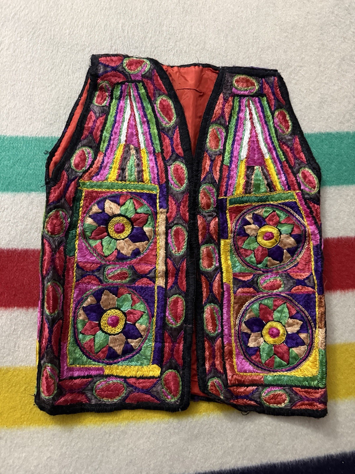Vintage 50s 60s Afghan Hippie Flower Embroidery Vest Extra Small XS Colorful
