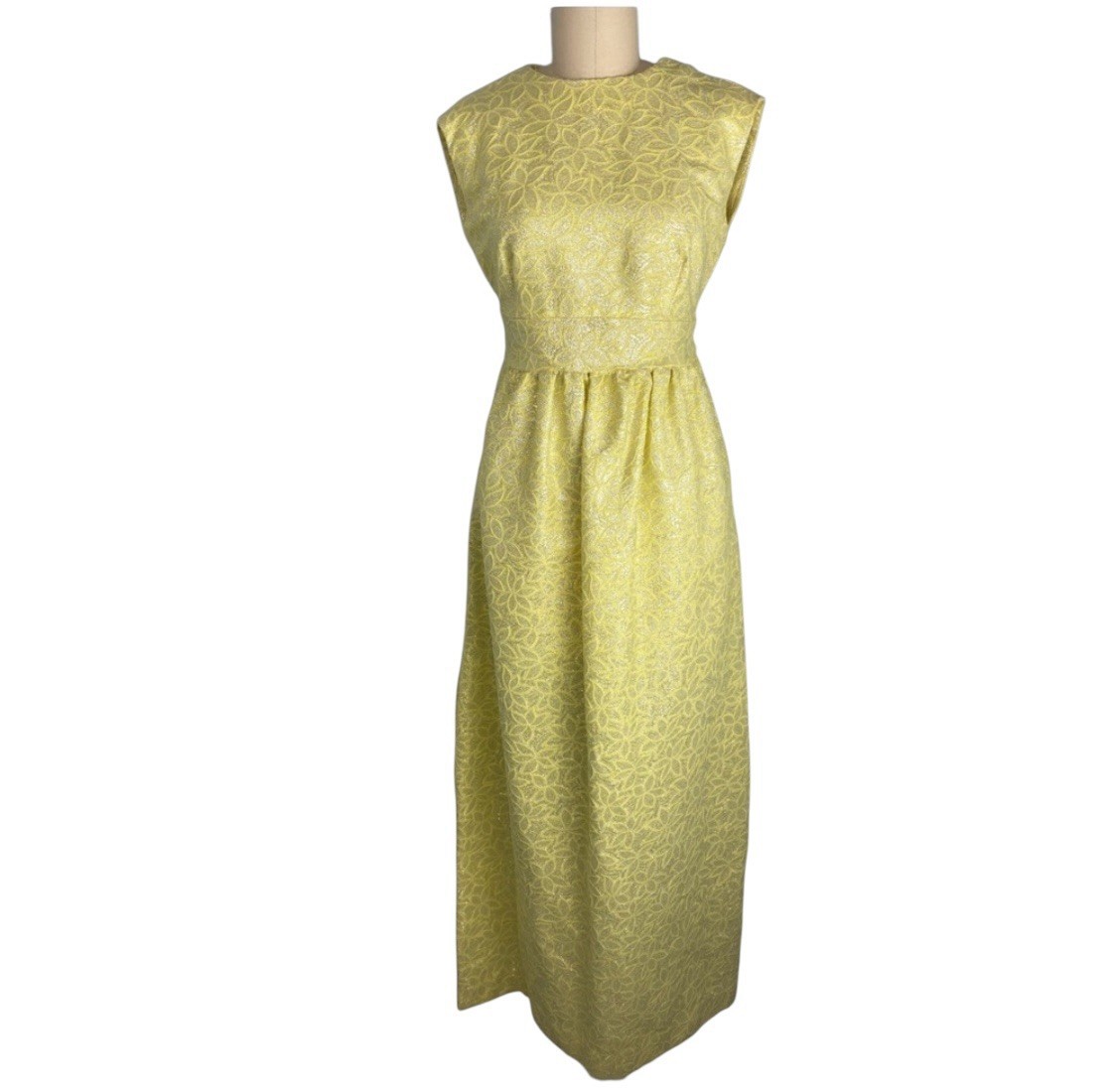 Vintage 1960s Mod Floral Maxi Dress Yellow Silver Metallic Sleeveless MEDIUM