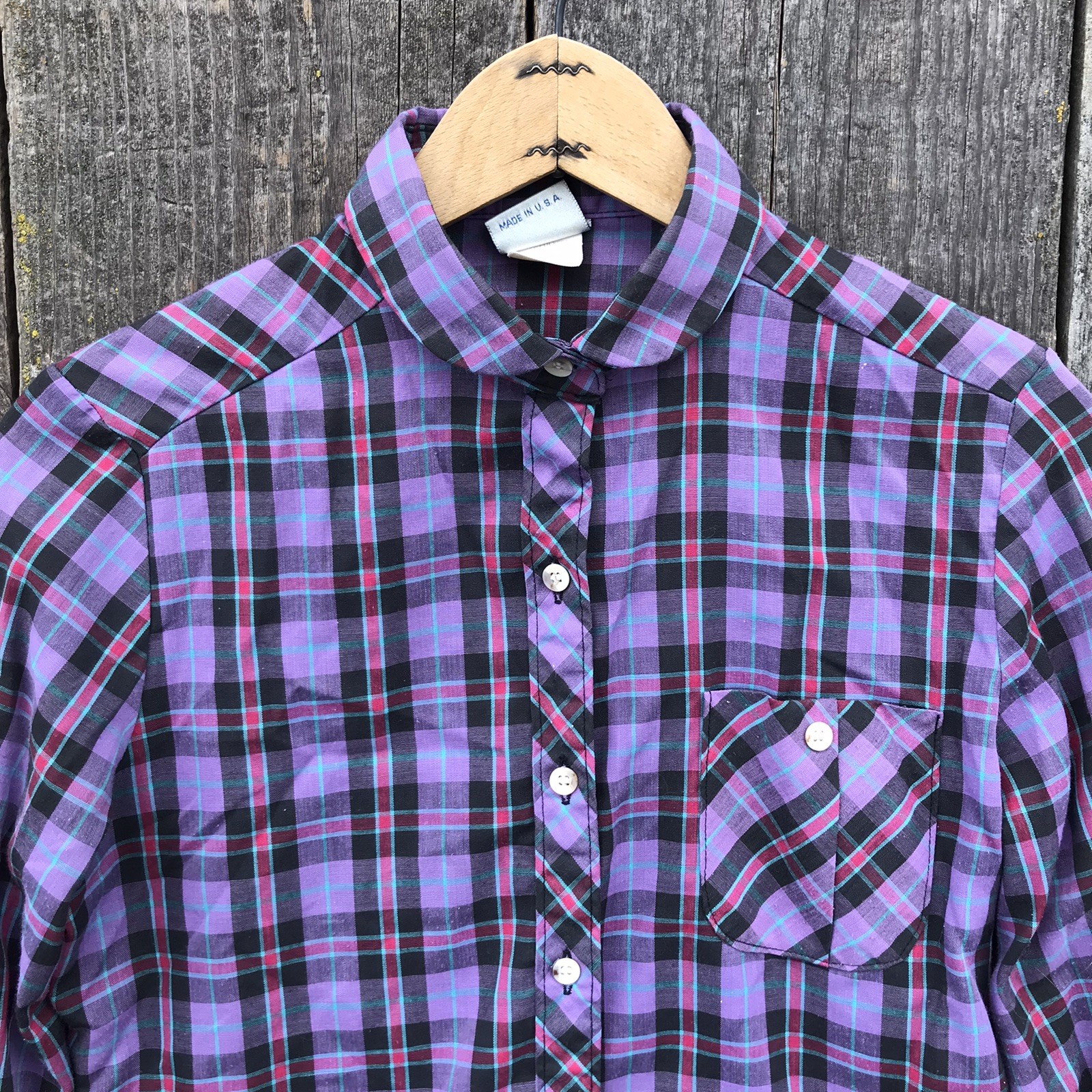 Vintage 80s Wrangler Cowgirl Peter Pan Collar Plaid Blouse Jrs 5 (Small) Reg XS