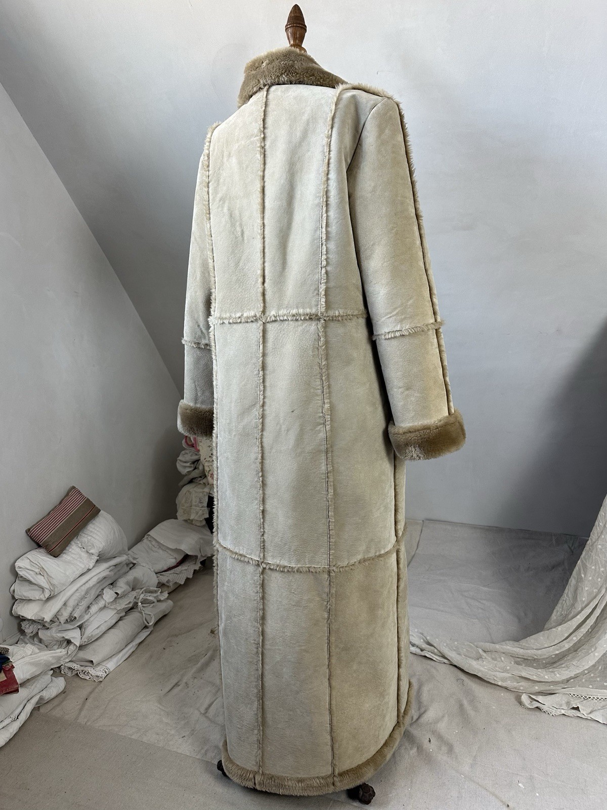 Vintage 70s style Hippie Faux Sheepskin Genuine Leather Long Coat Women’s Large