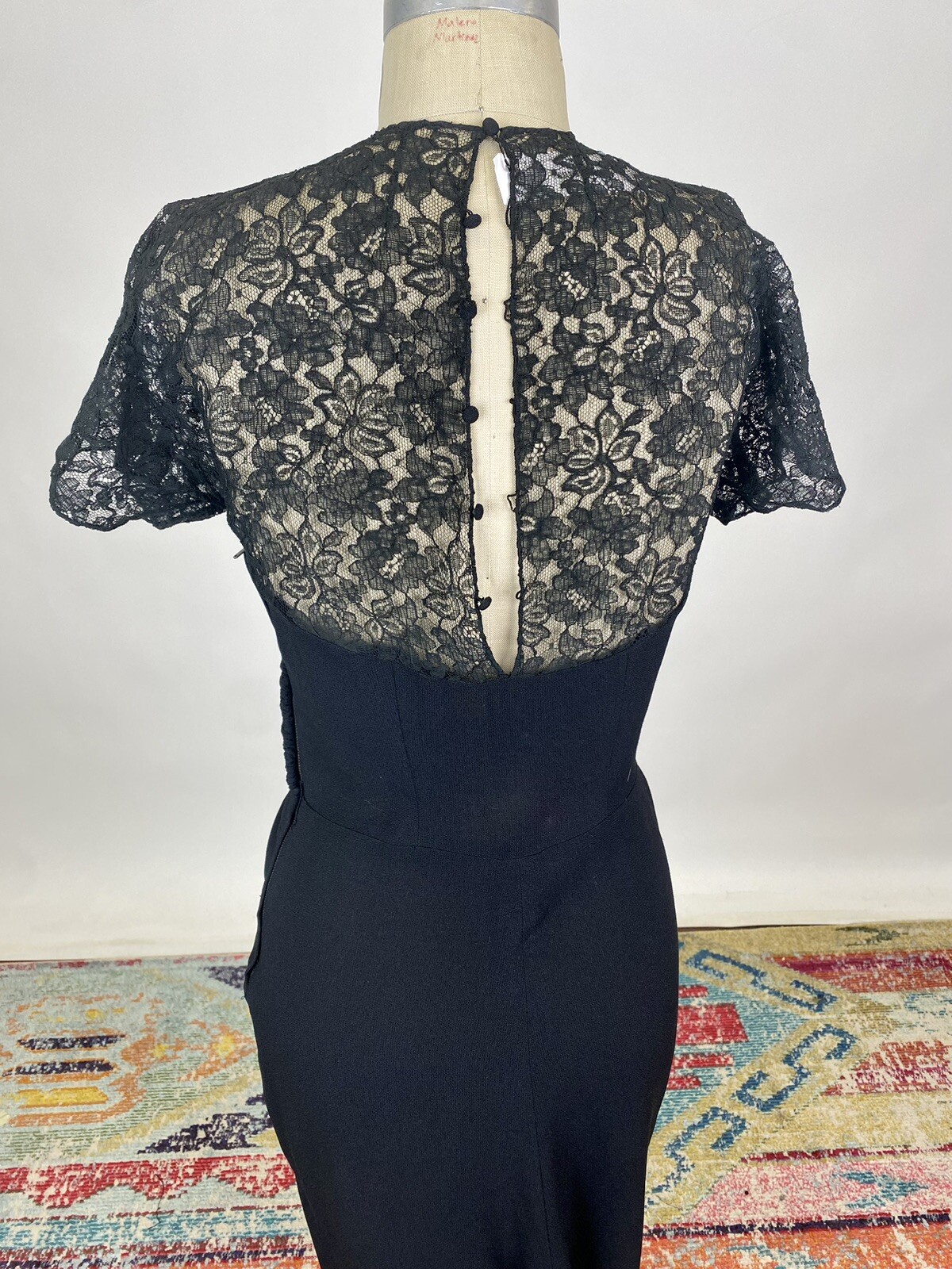 Antique Vintage 1930s Black Rayon Beaded Dress Lace Bodice Rouched Waist AS IS