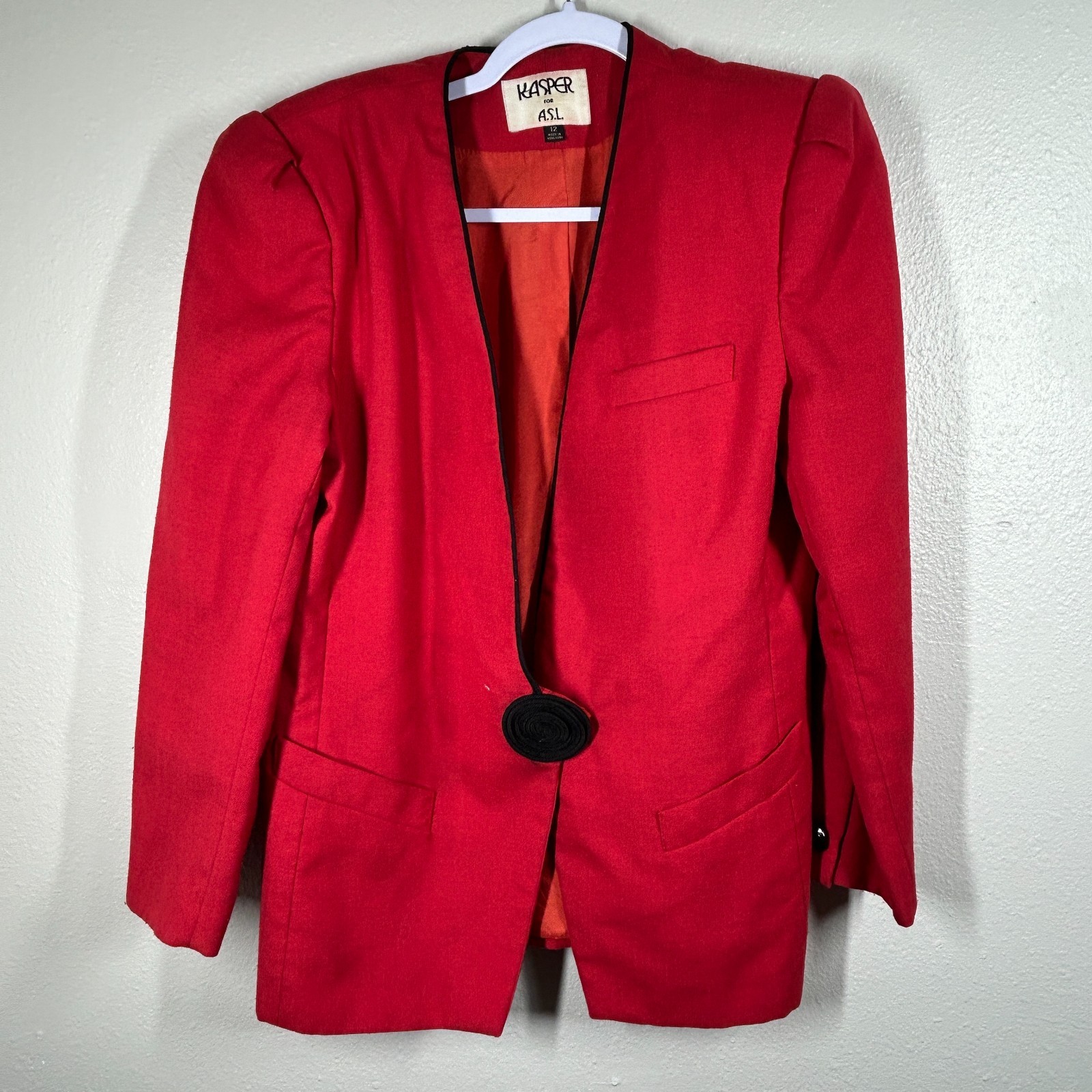 Kasper ASL Womens Blazer 12 Red Black Trim One Button Career Workwear Hong Kong