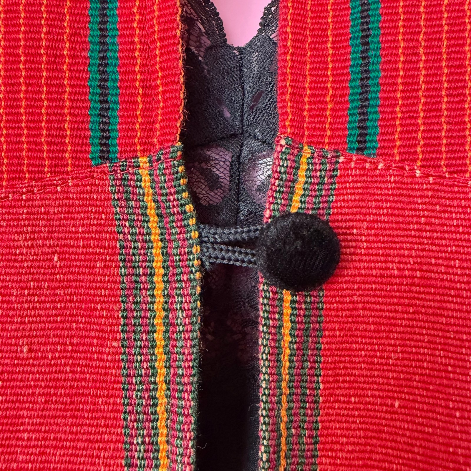Vintage 90s XL Guatemalan Jacket Red Multicolor Handwoven Stripes Velvet Buttons