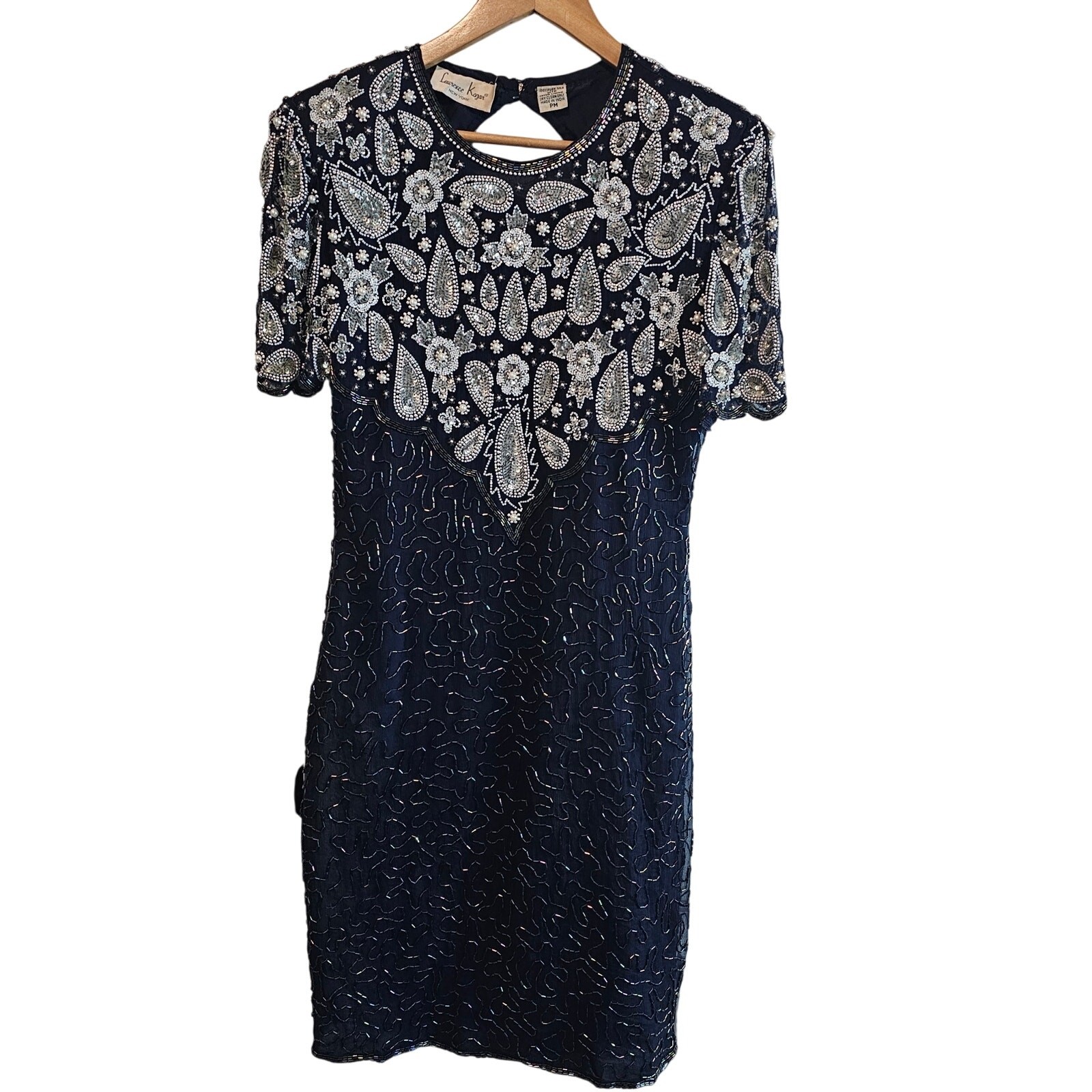 Vintage Laurence Krazar Silk Dress Women Med Blue Sequin 80s Beaded Glam Rock
