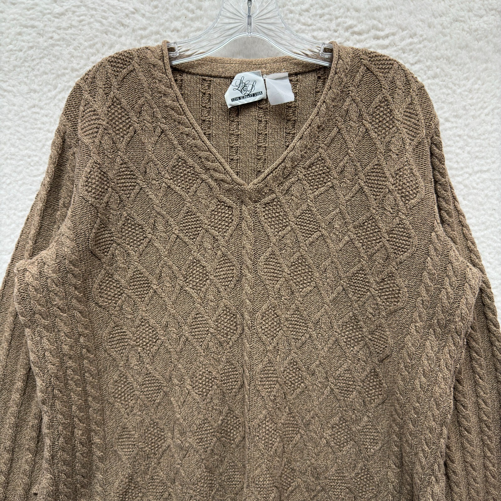 80s 90s Vintage Sweater Large XL Womens Tan Cable Knit V-Neck Fisherman Casual