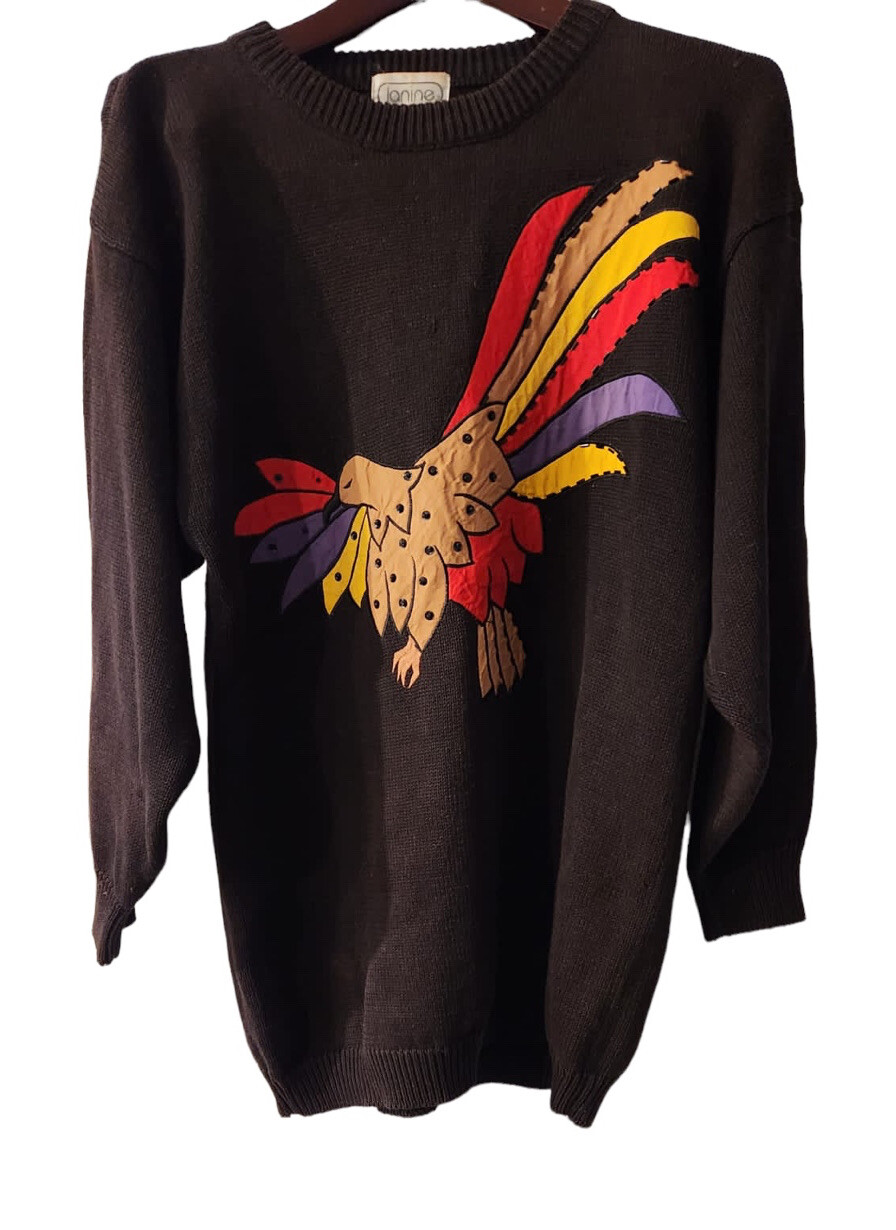 Vintage Janine Colorful Bird Sweater Women’s Size Medium Black Ramie Crew Neck