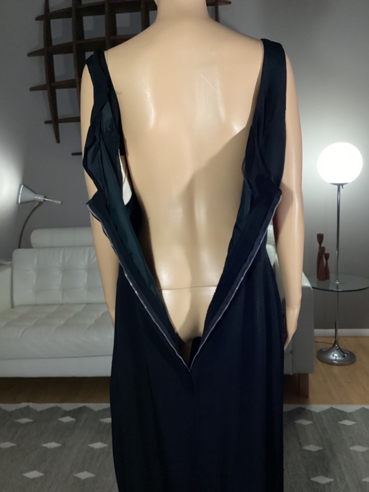 Vintage 50’s Black Wiggle Maxi Cocktail Evening Dress Chiffon Ruffle Trim XL