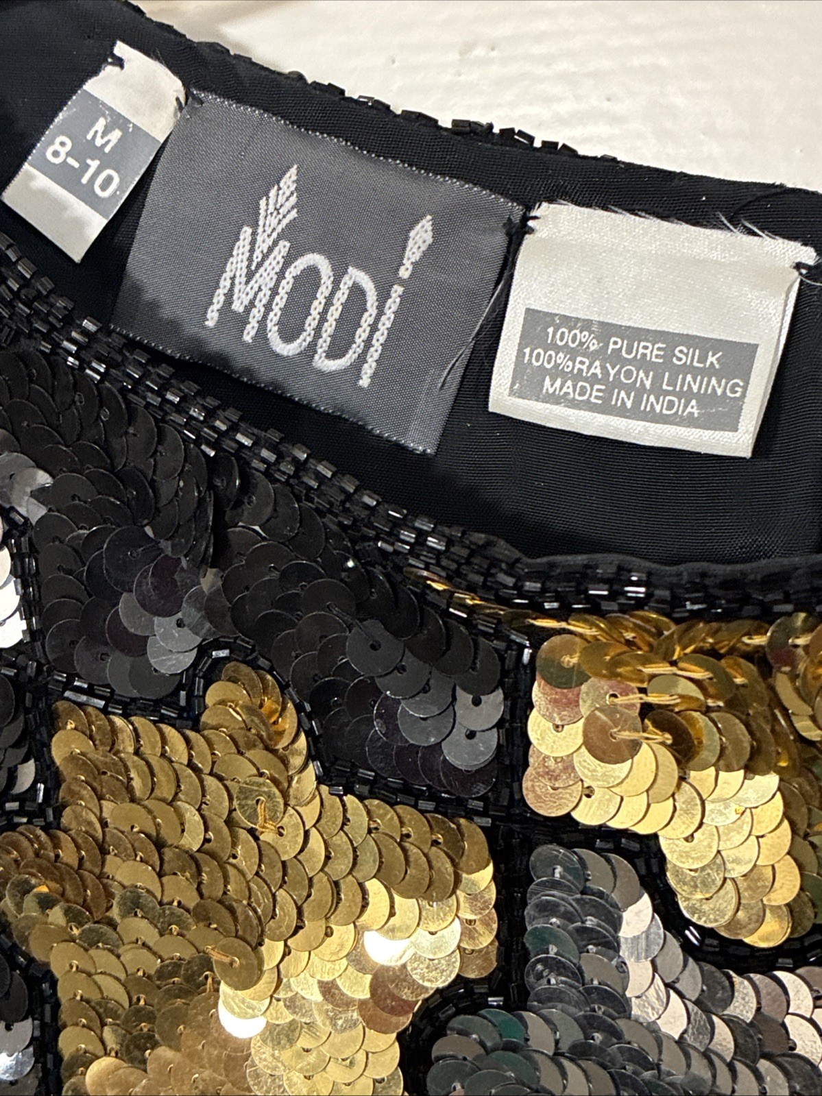 Vintage Modi Silver Gold Black Sequined Silk Evening Cocktail Top Women’s M