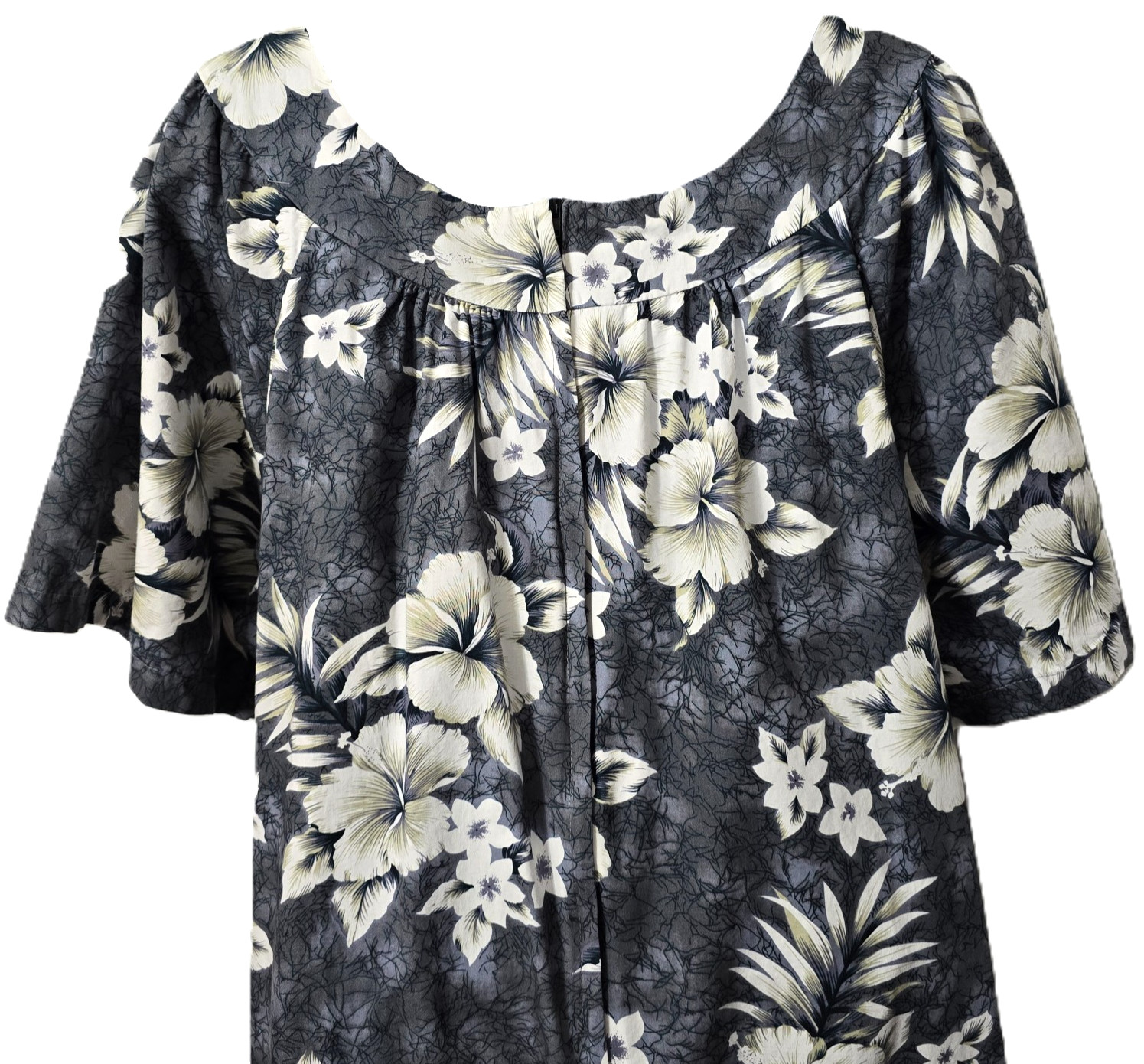 Vintage Hawaiian MuuMuu Kaftan Dress 4XL 2X 3X Hibiscus Floral Gray Black POCKET