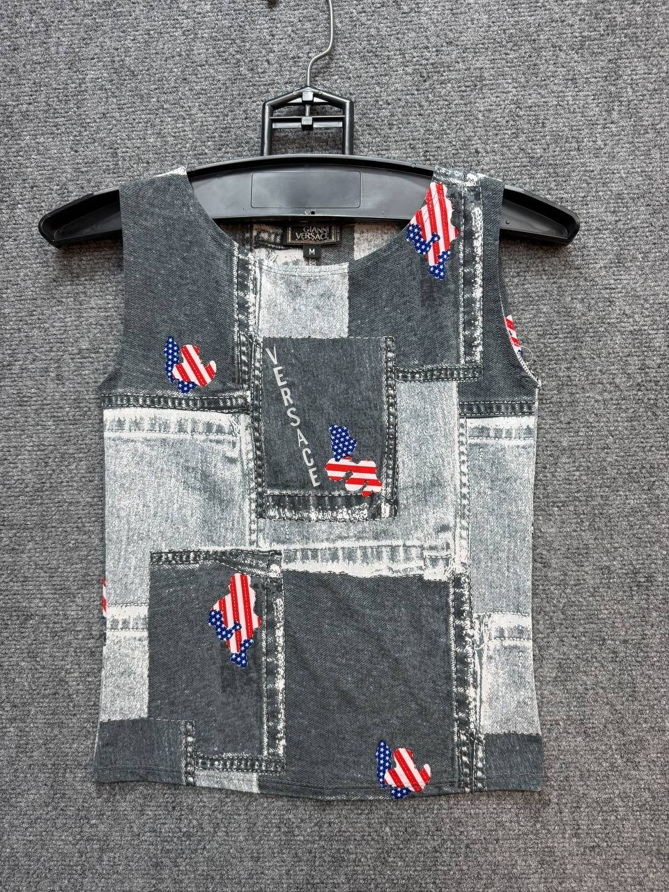 Gianni Versace Women’s Tank Top Size M Gray Patchwork USA Flag Print