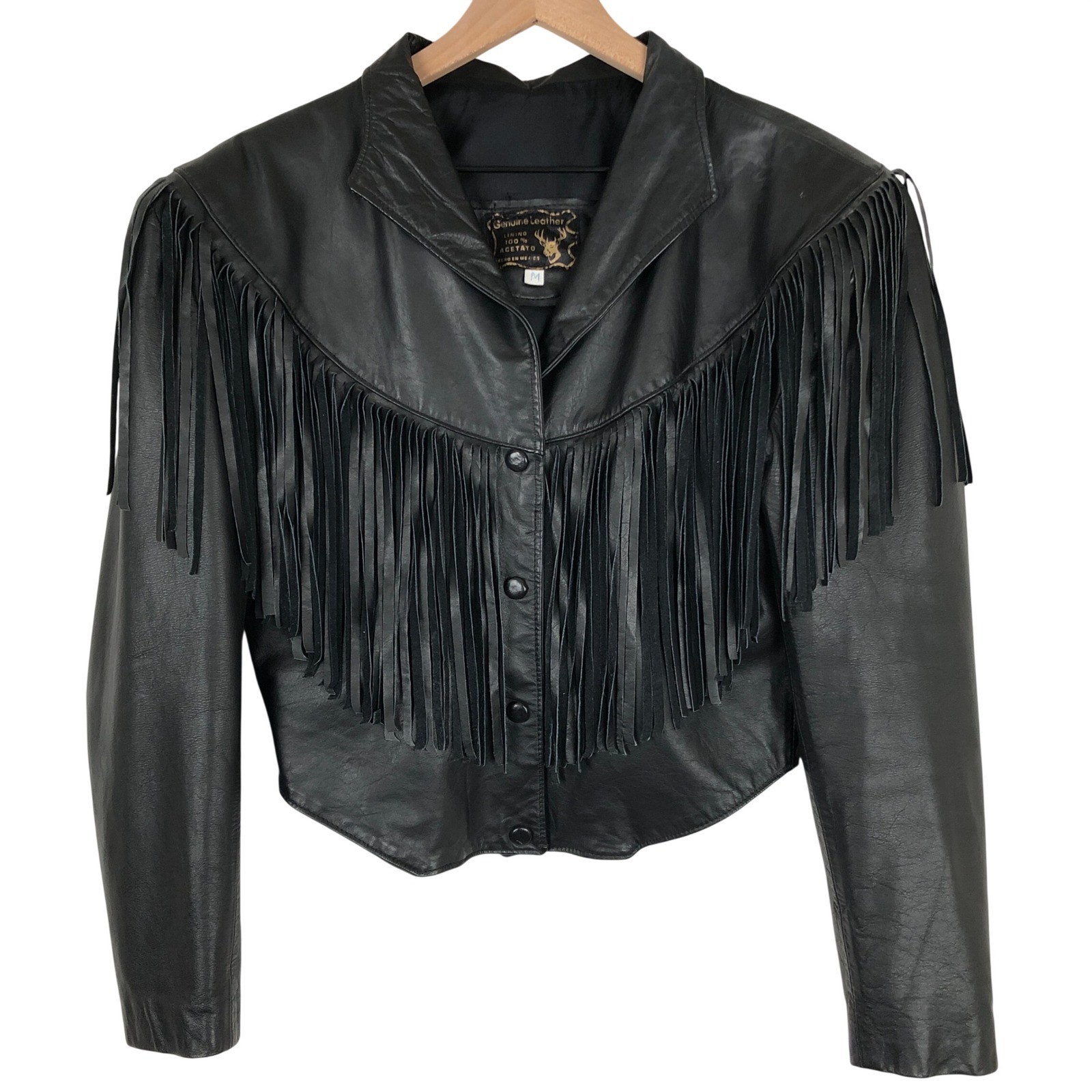 VTG Genuine Leather Western Fringe Cropped Snap Jacket Women’s Sz M Black Mexico