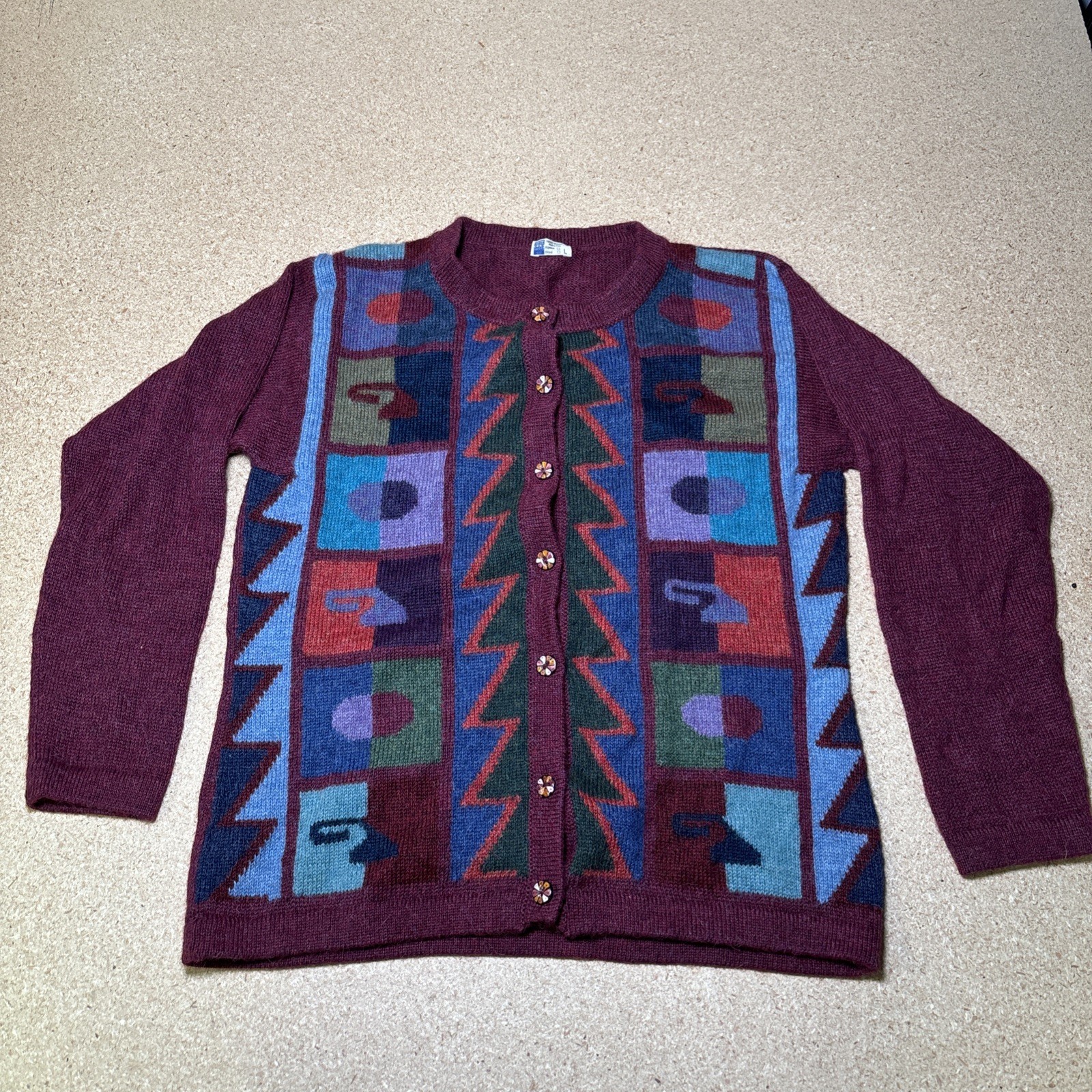 Vintage Women’s 100% Alpaca Wool Cardigan Colorful Cardigan Sweater Size L G2