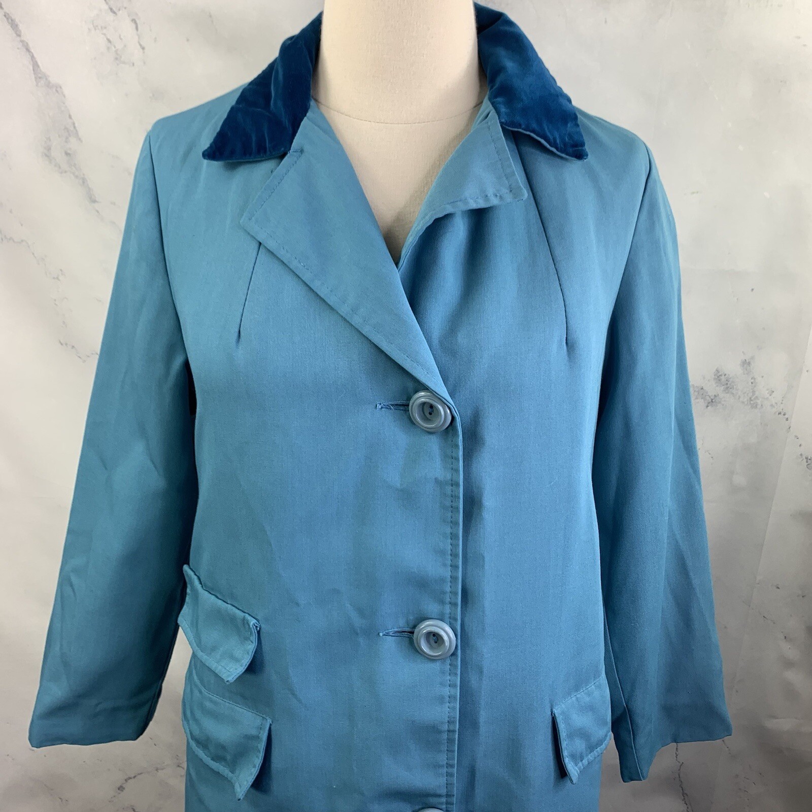 Vintage 60s Sears MOD Trench Coat Womens S Blue Velvet Collar Retro Spy Jacket